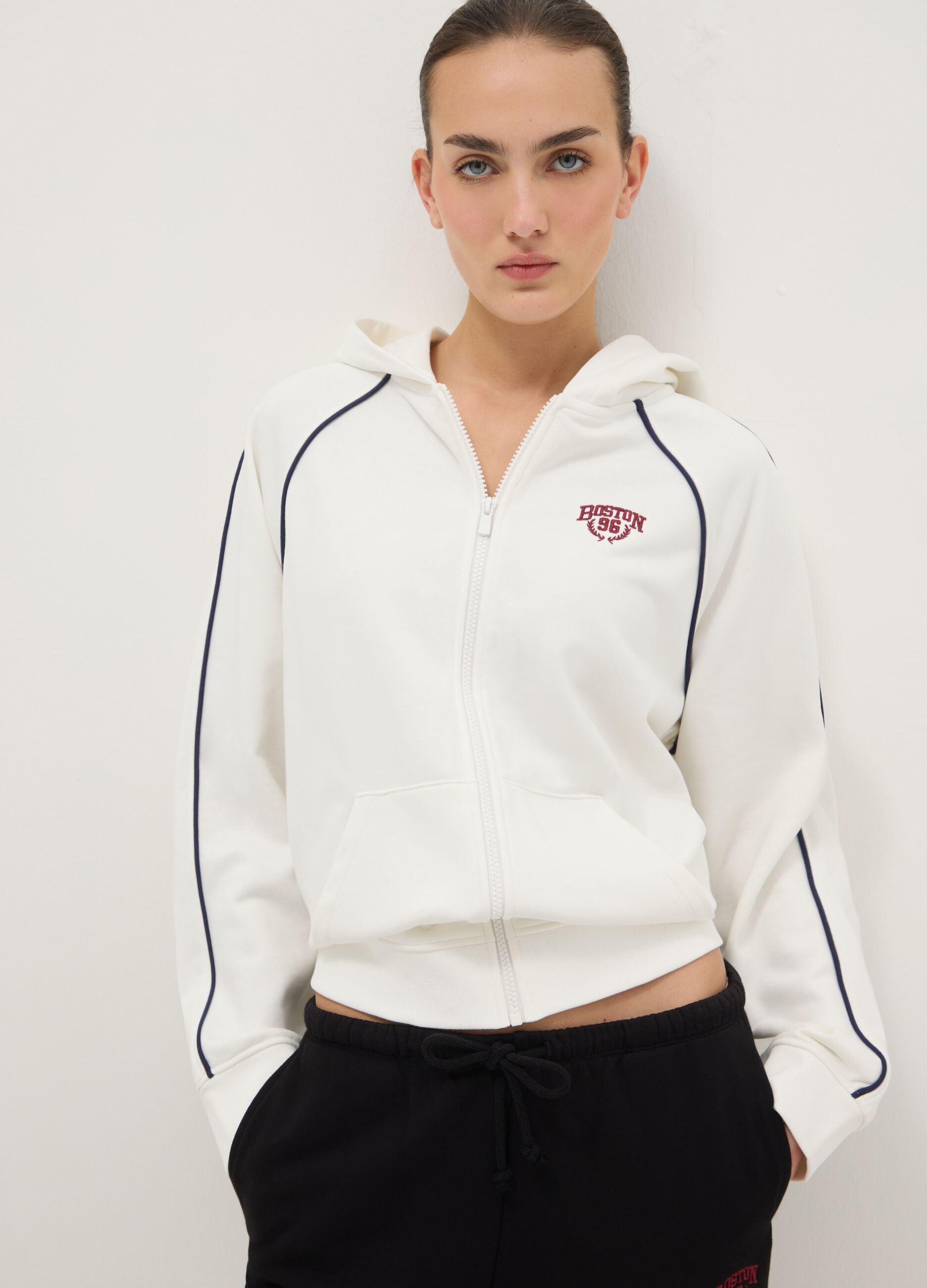 White Hooded Zip Cotton Blend Relaxed Fit Sweatshirt
