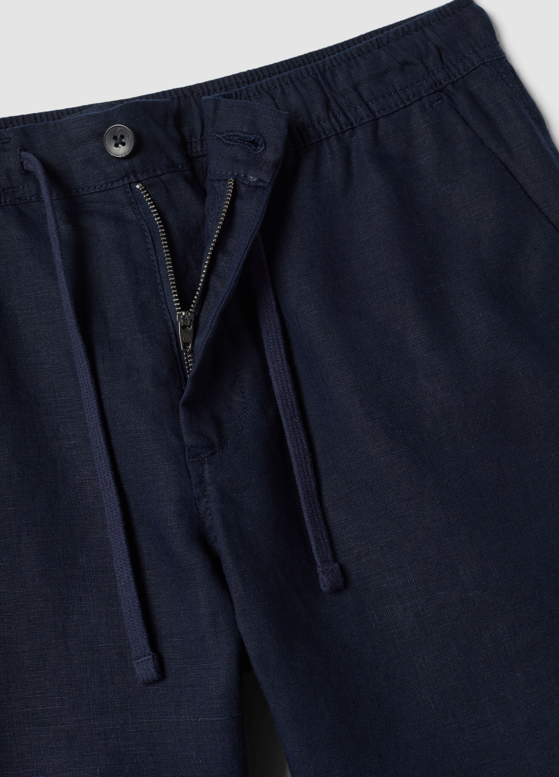Blue pure linen Bermuda shorts with elasticated waist
