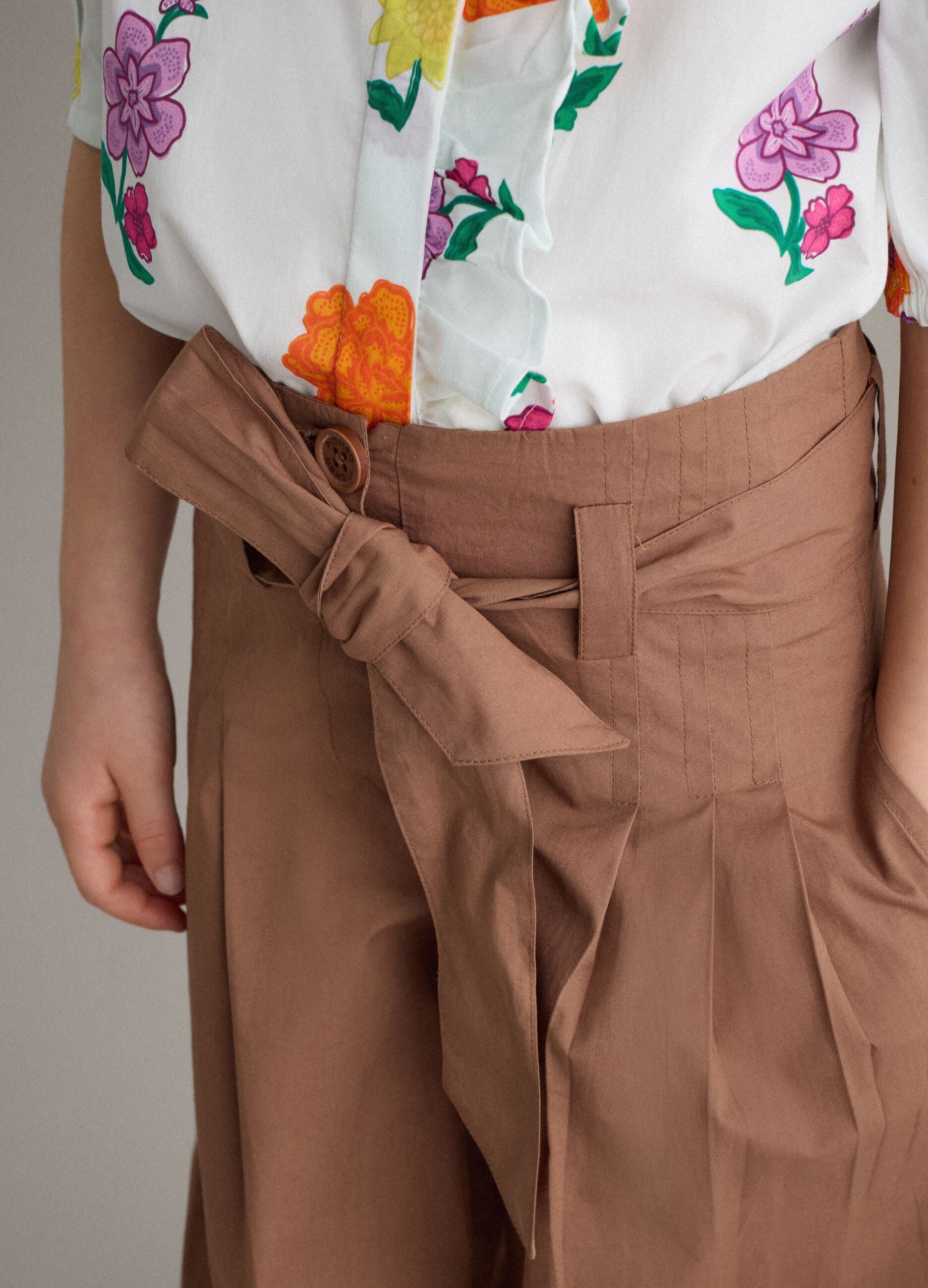 Girls' Brown Pure Cotton Wide Leg Trousers with Bow