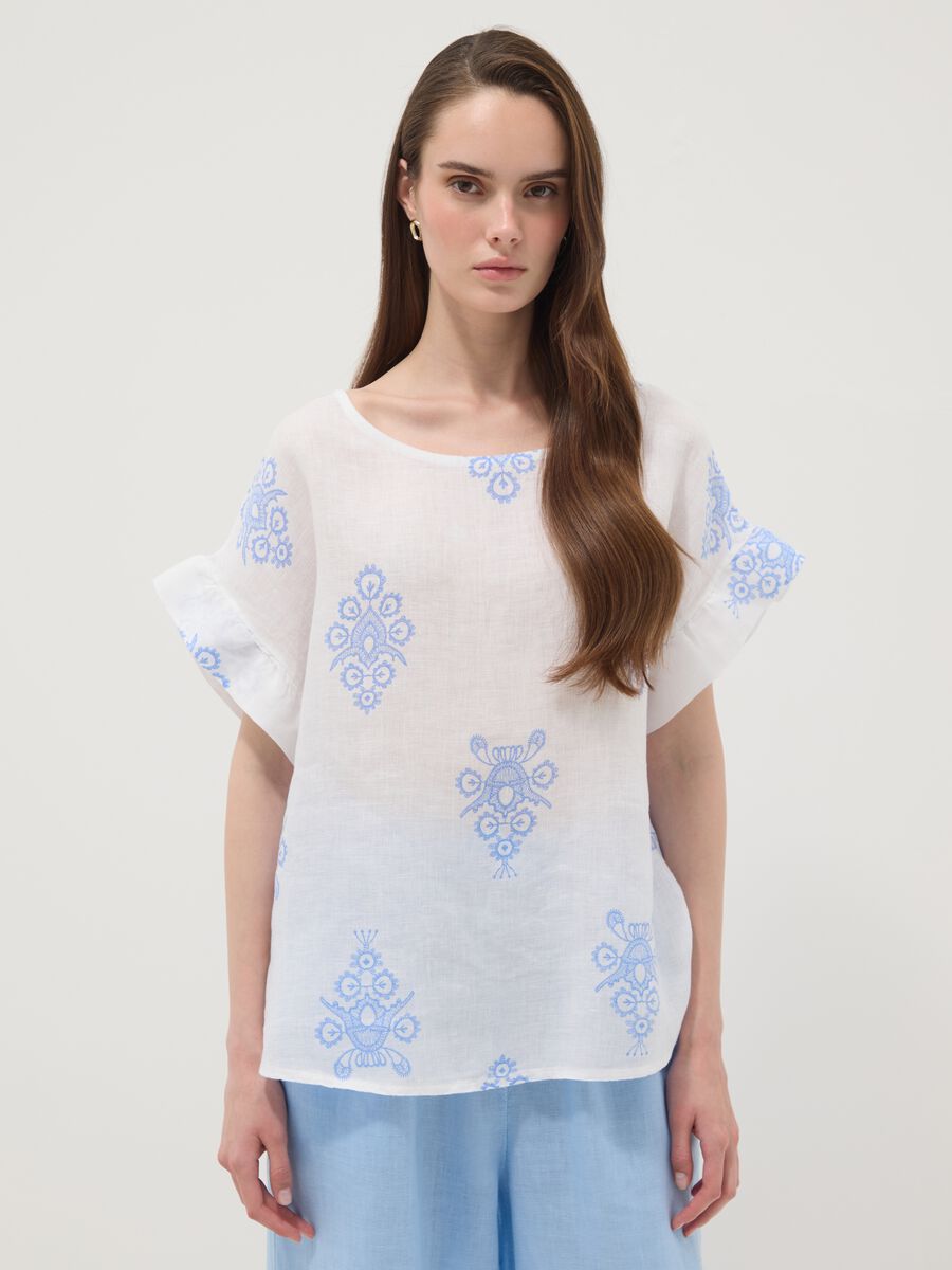 White pure linen blouse with embroidery and ruffle sleeves, regular fit_1