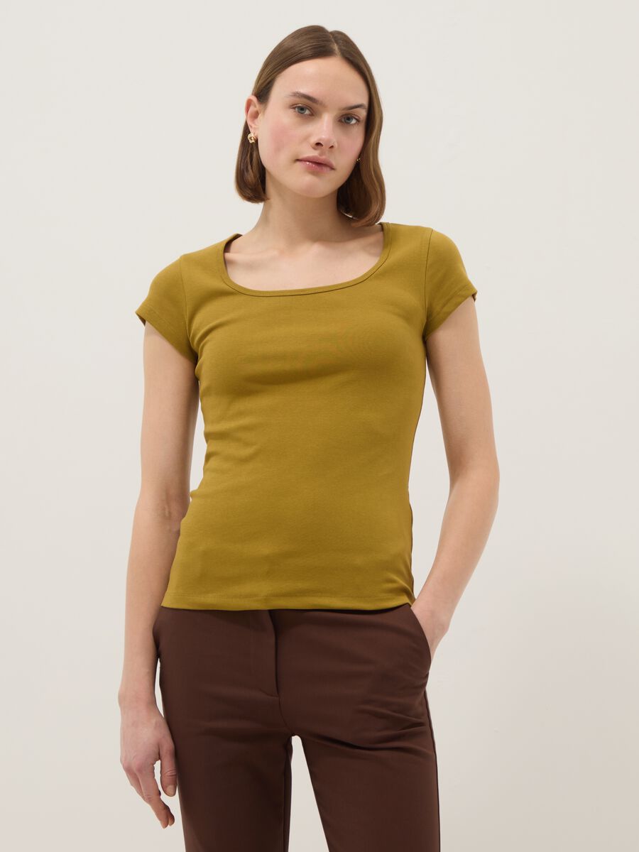Green fitted stretch cotton T-shirt with square neckline_1