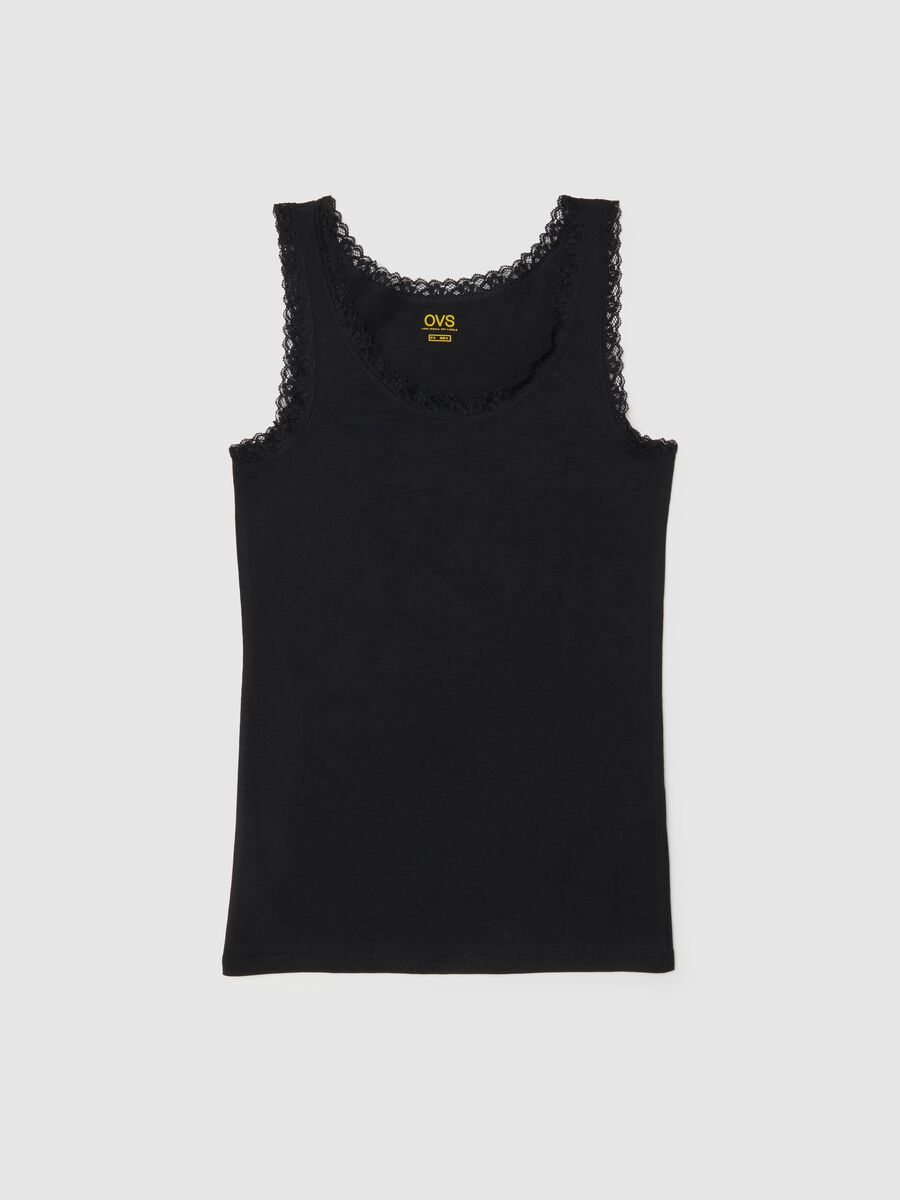 Regular fit black stretch cotton vest with lace trim_4