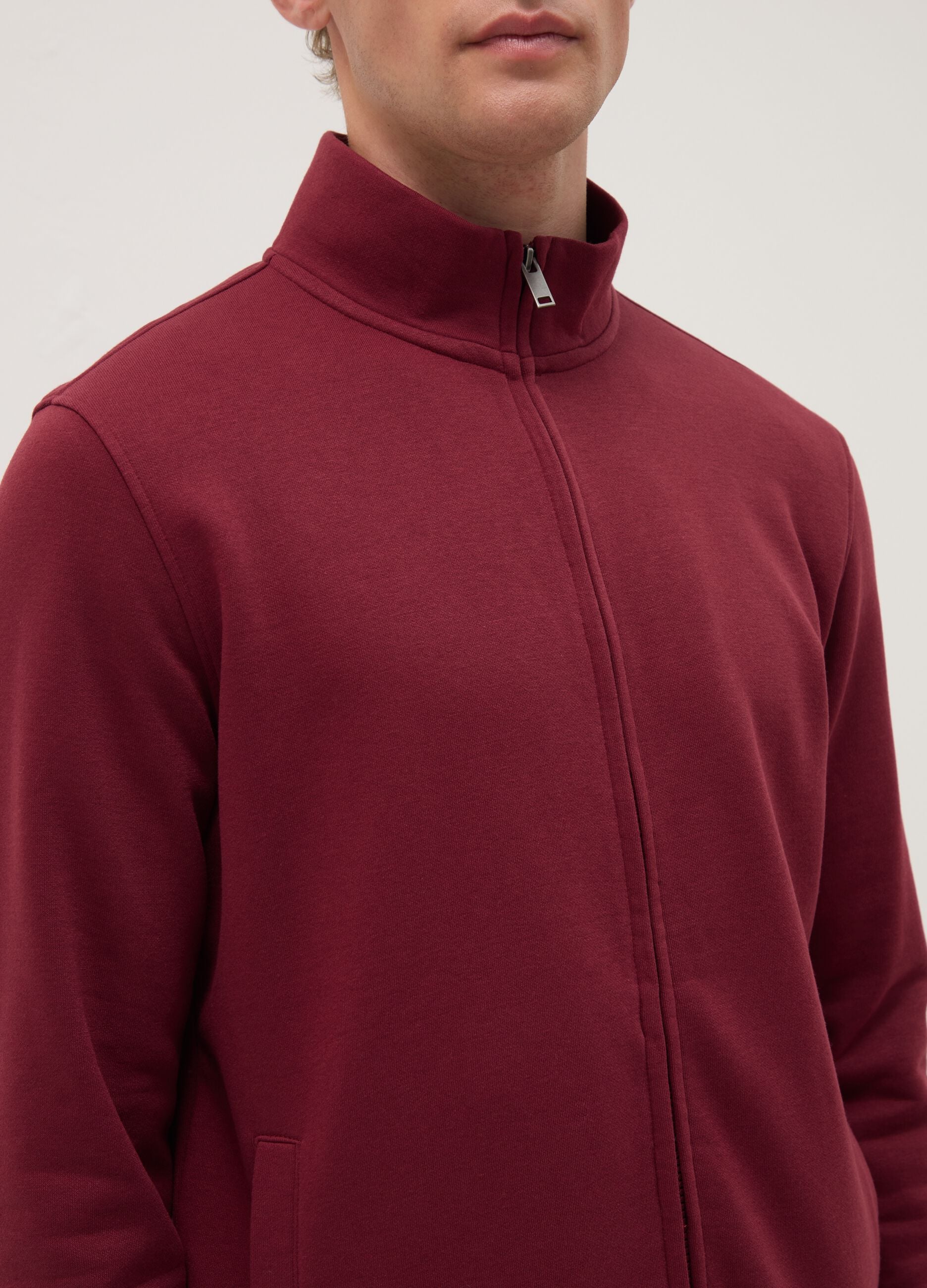 Red cotton blend regular fit hoodie with full zip