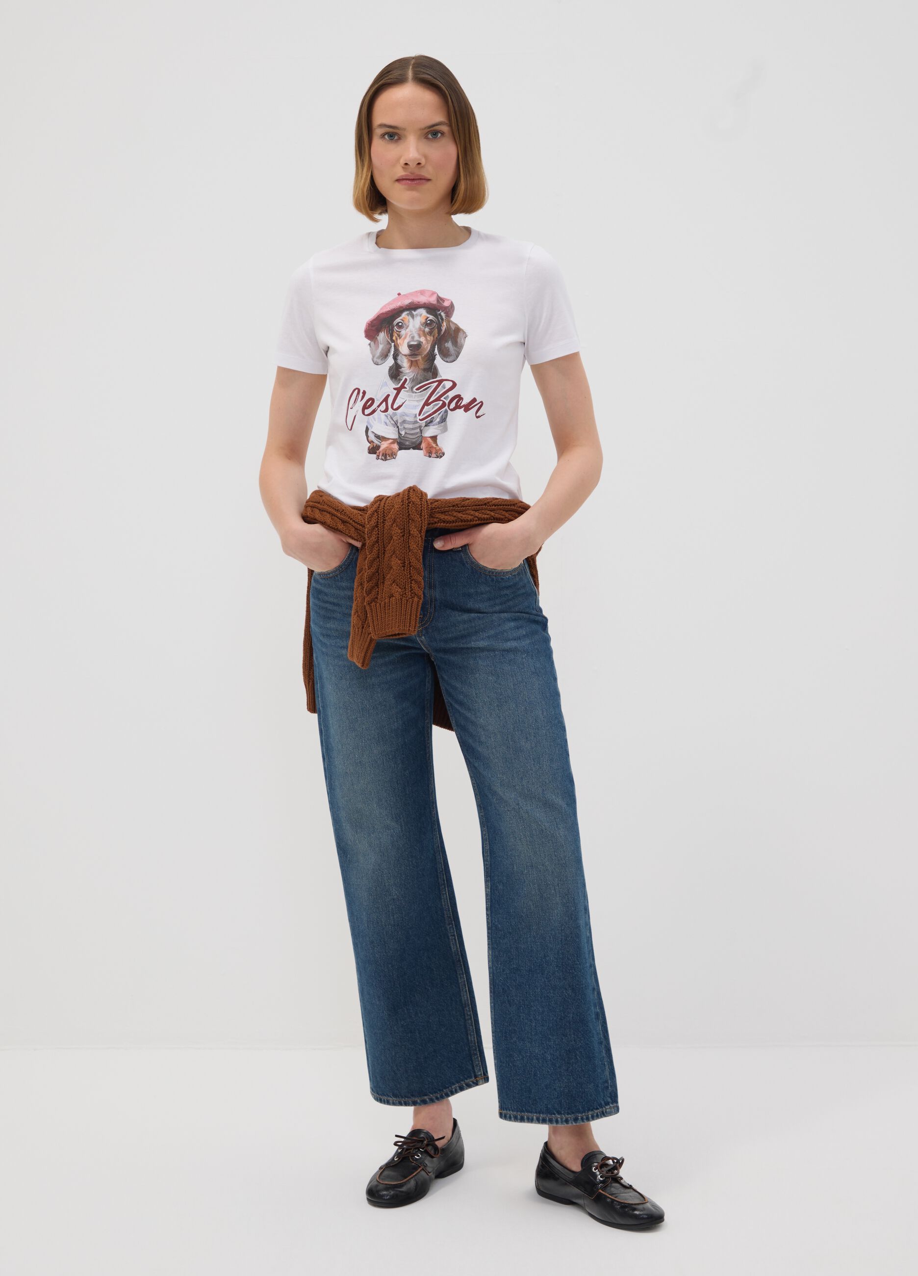 White pure cotton jersey T-shirt with puppy print, regular fit