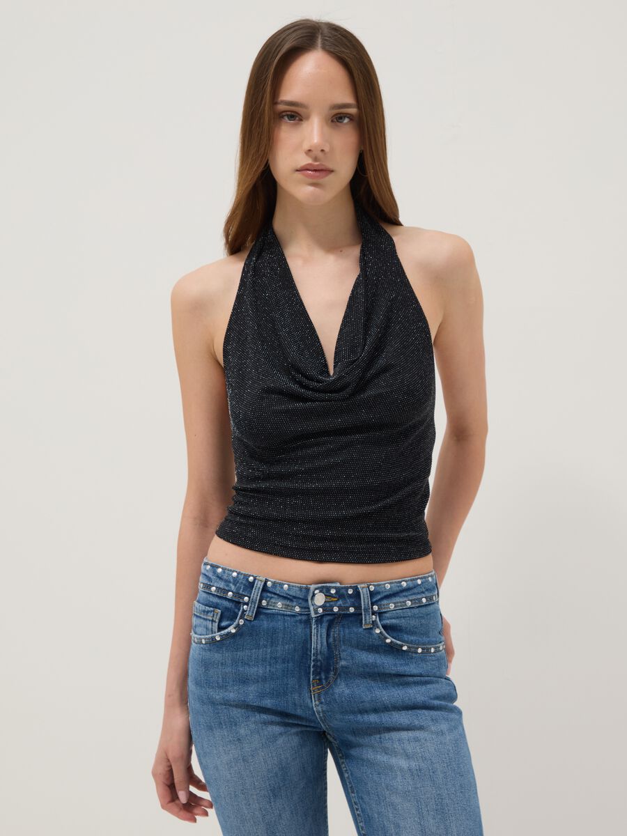 Top halter nero in tessuto elasticizzato regular fit_1
