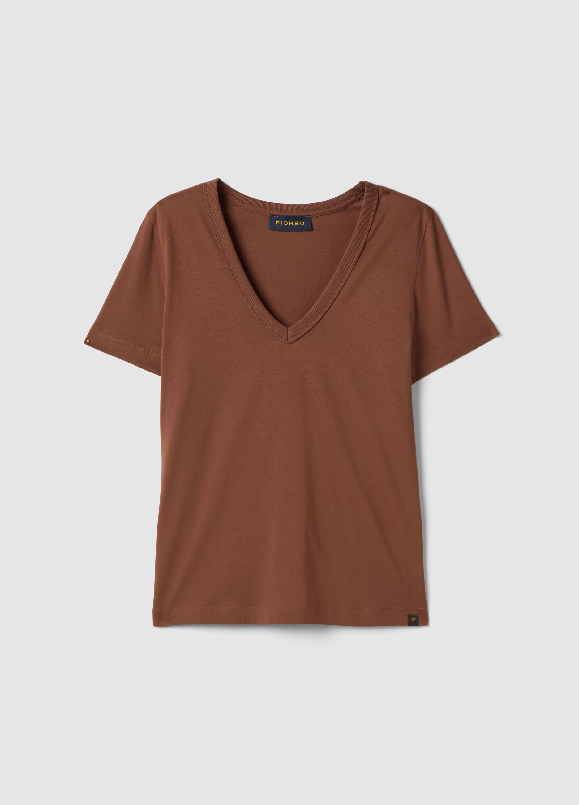 Short-sleeve brown pure cotton T-shirt, regular fit, deep V-neck