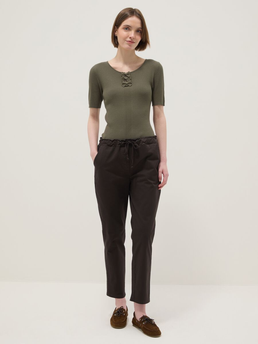 Brown stretch cotton regular fit trousers_0