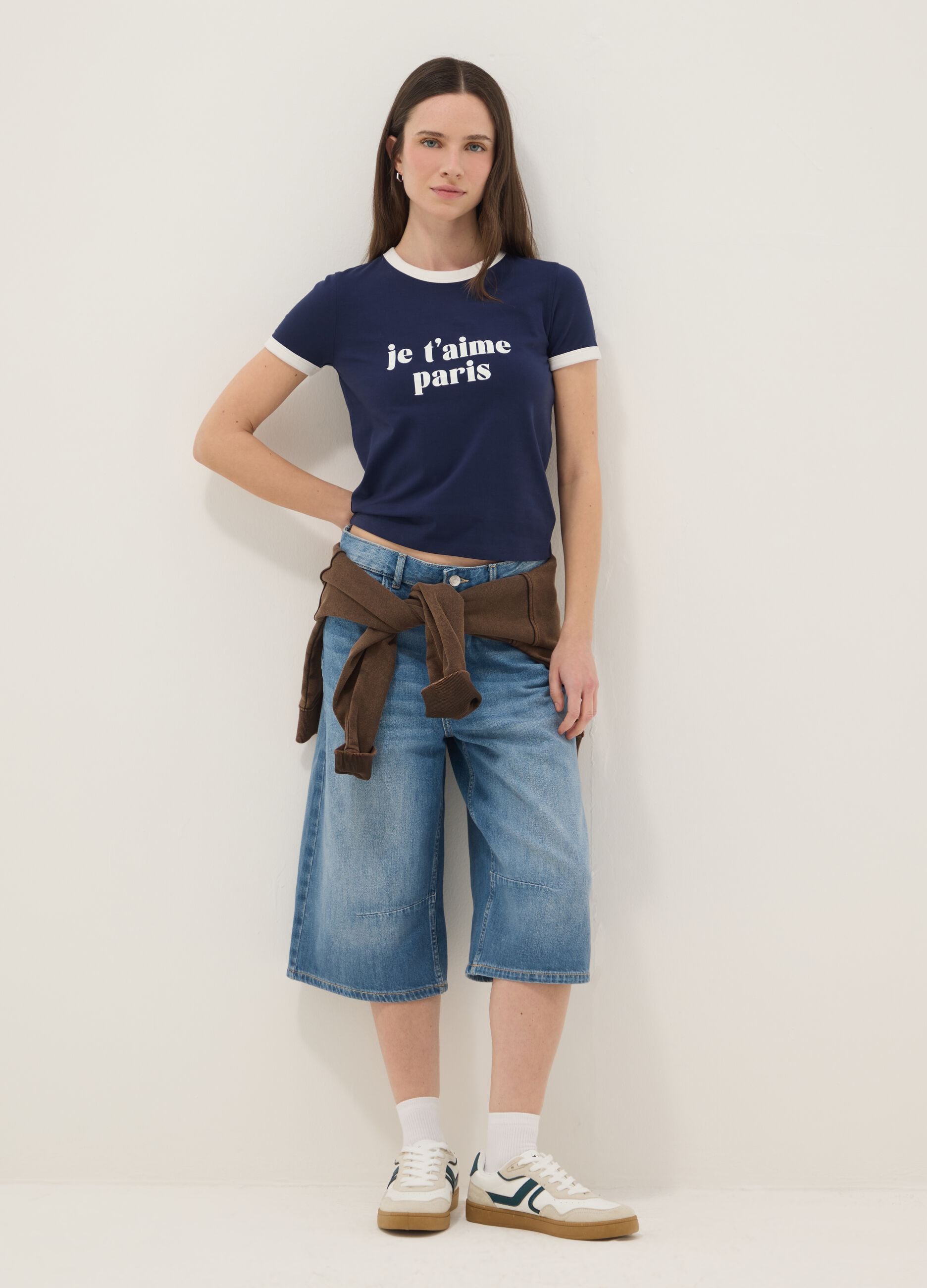 Regular fit blue stretch cotton T-shirt with print
