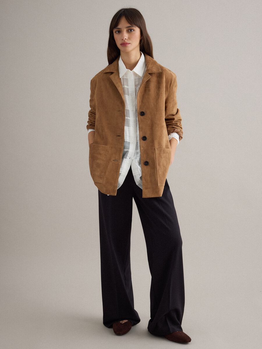 Brown genuine leather regular fit blazer with buttons_2