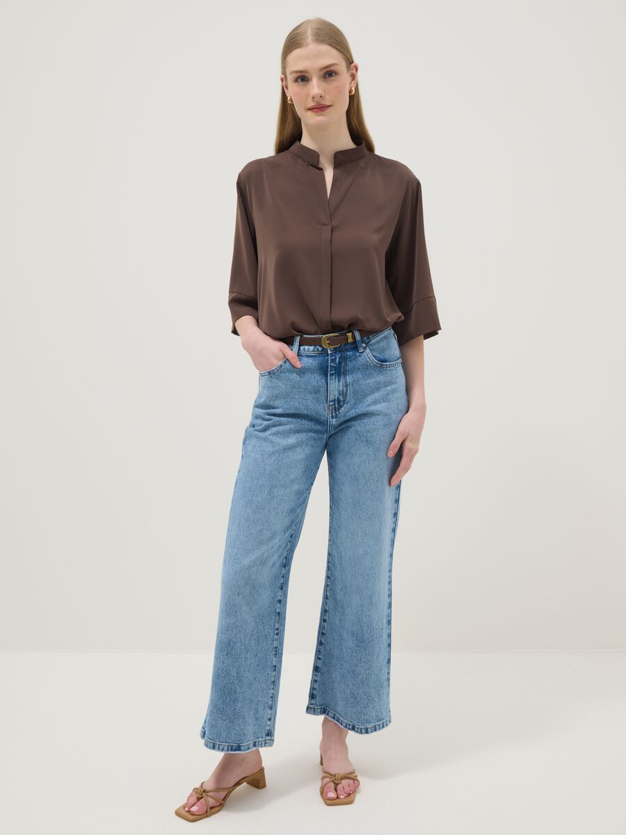 Brown long-sleeve regular fit shirt with band collar_2