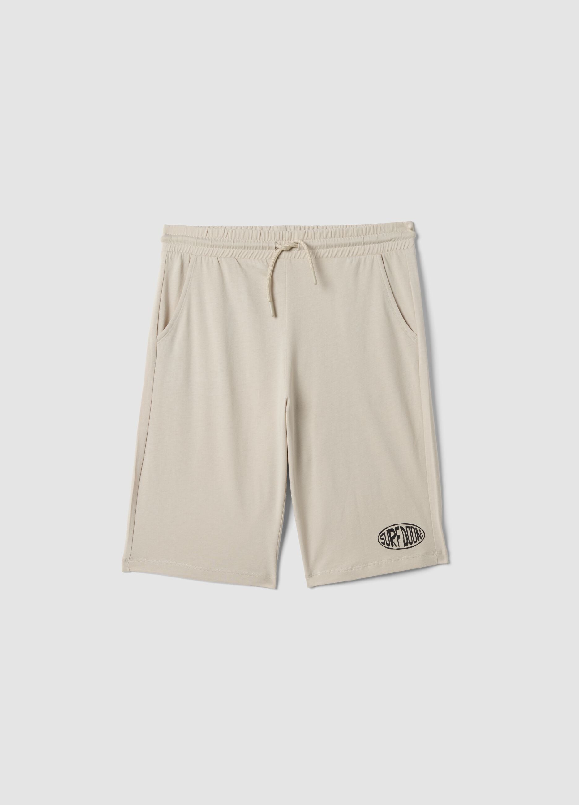 Beige organic cotton Bermuda shorts with elasticated waist