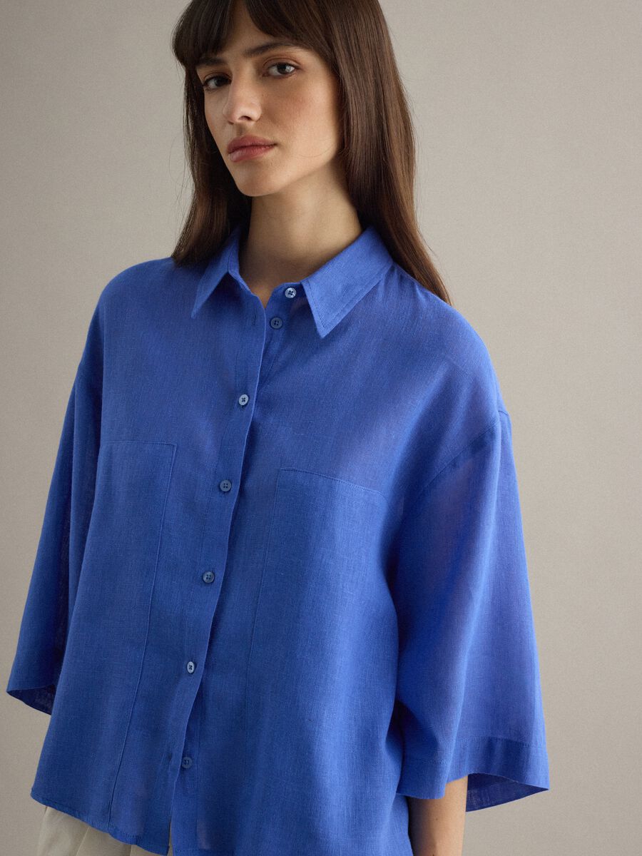 Camicia in misto lino blu oversize fit_1