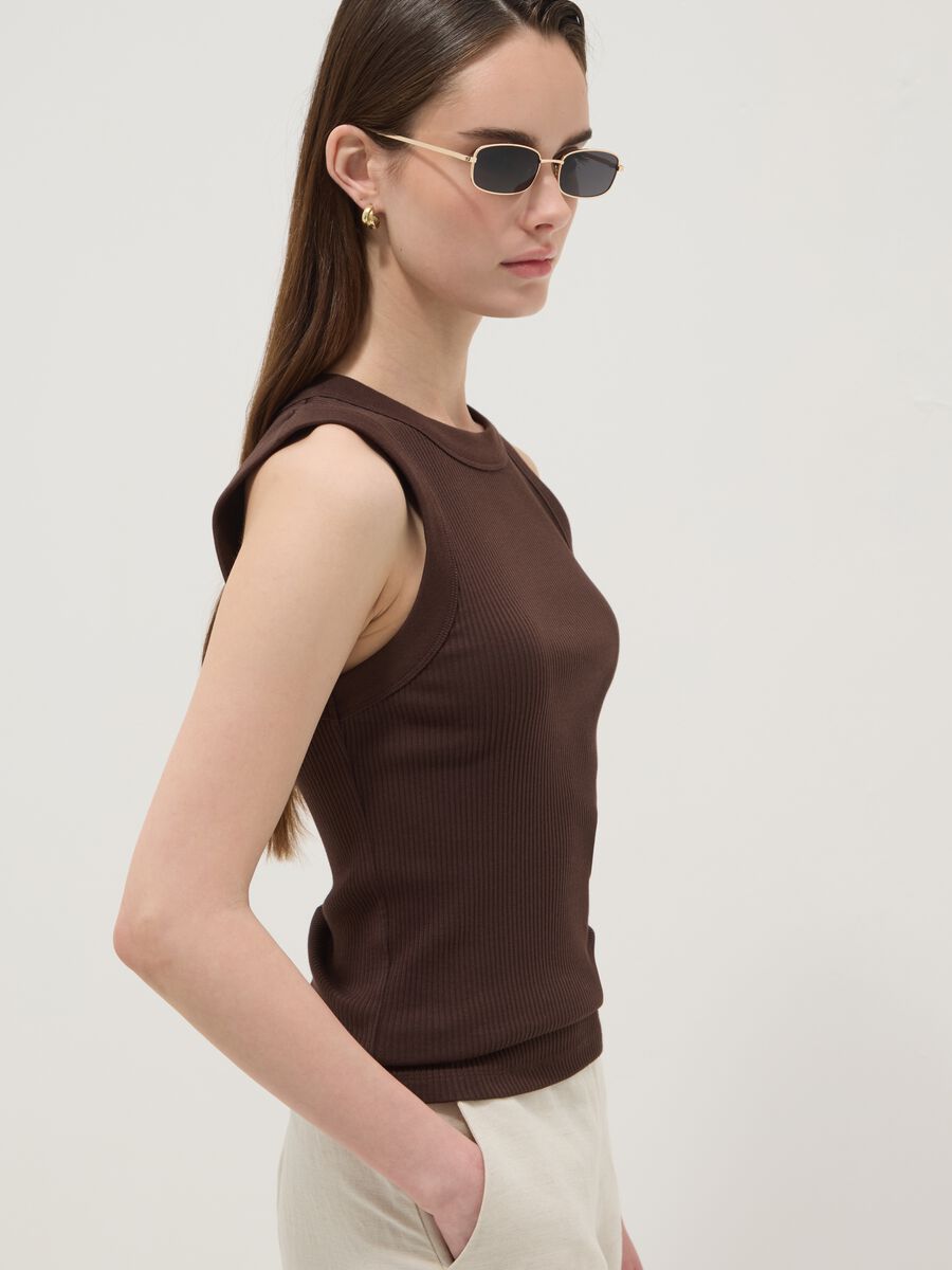 Brown fitted ribbed stretch-cotton tank top_0