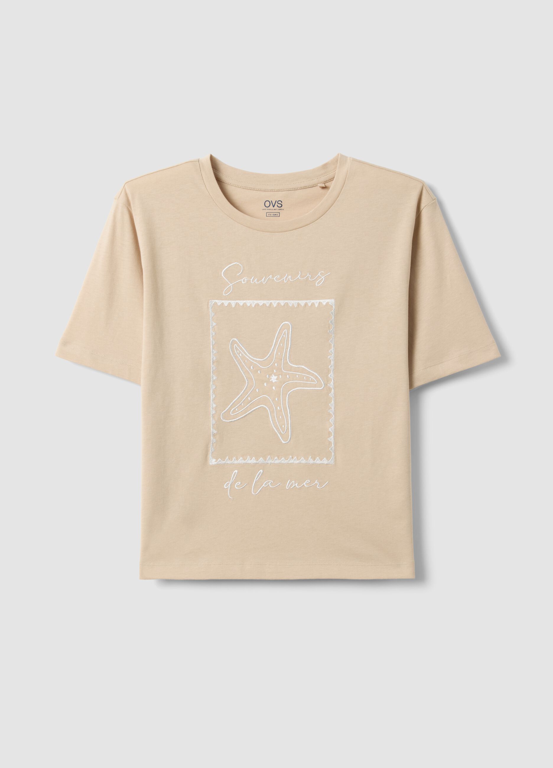 Beige pure cotton regular fit t-shirt with embroidery