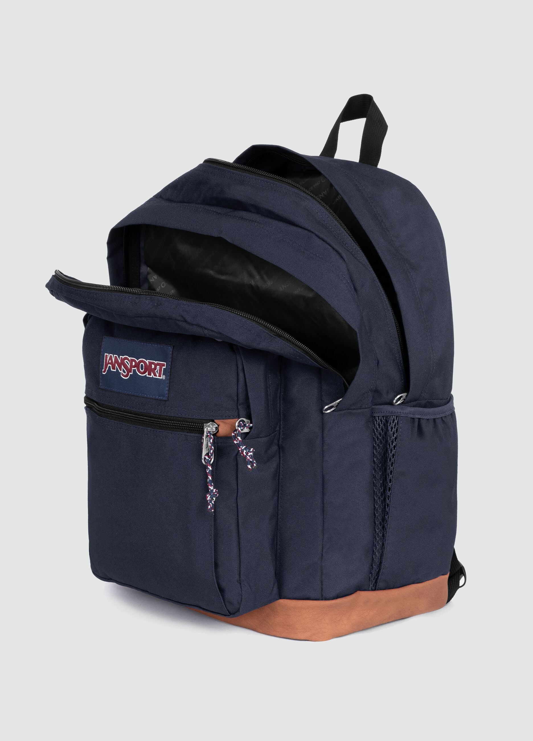 Blue backpack with brown base and external pockets