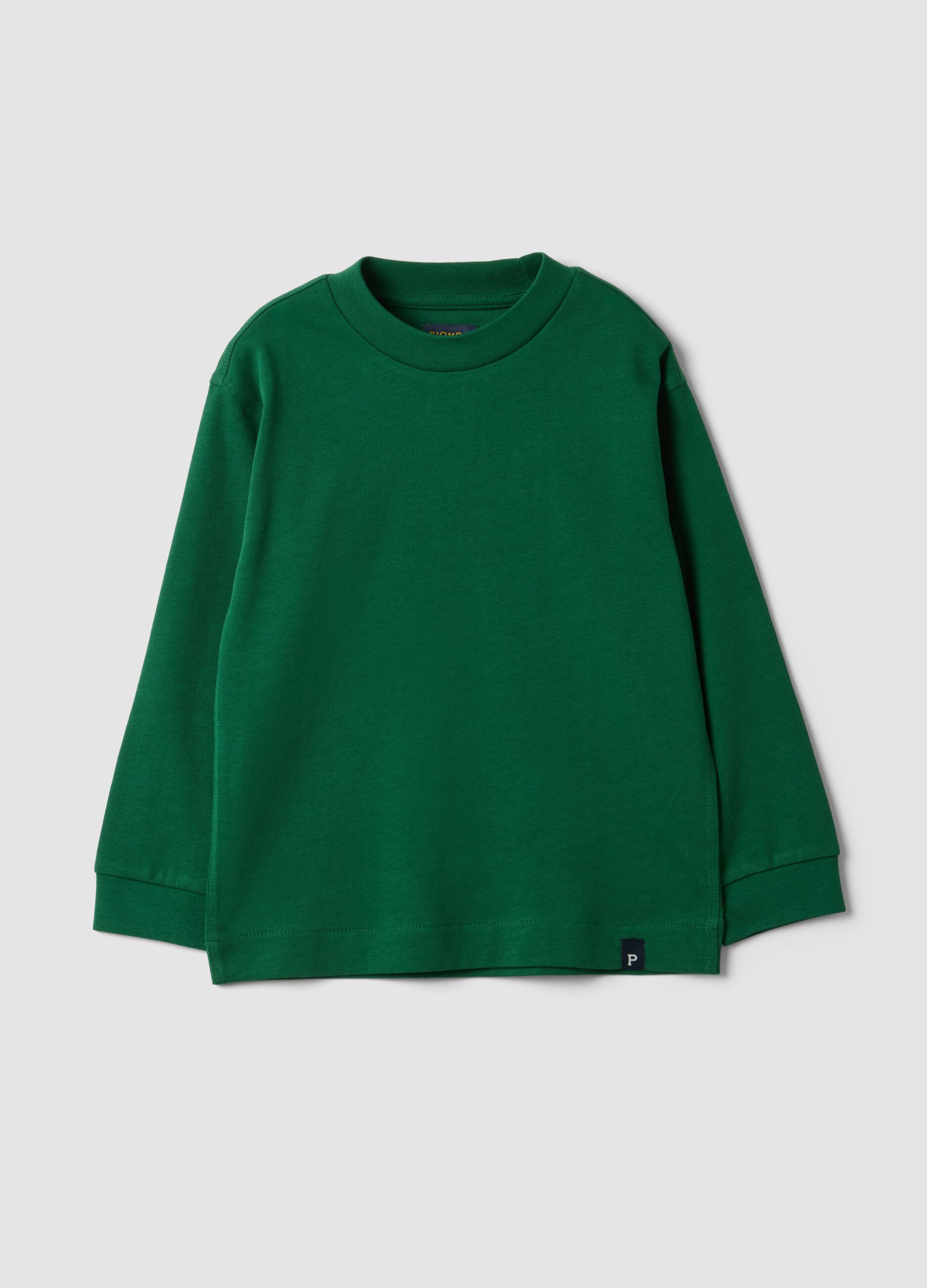 Green long-sleeve crew-neck pure cotton T-shirt for boys