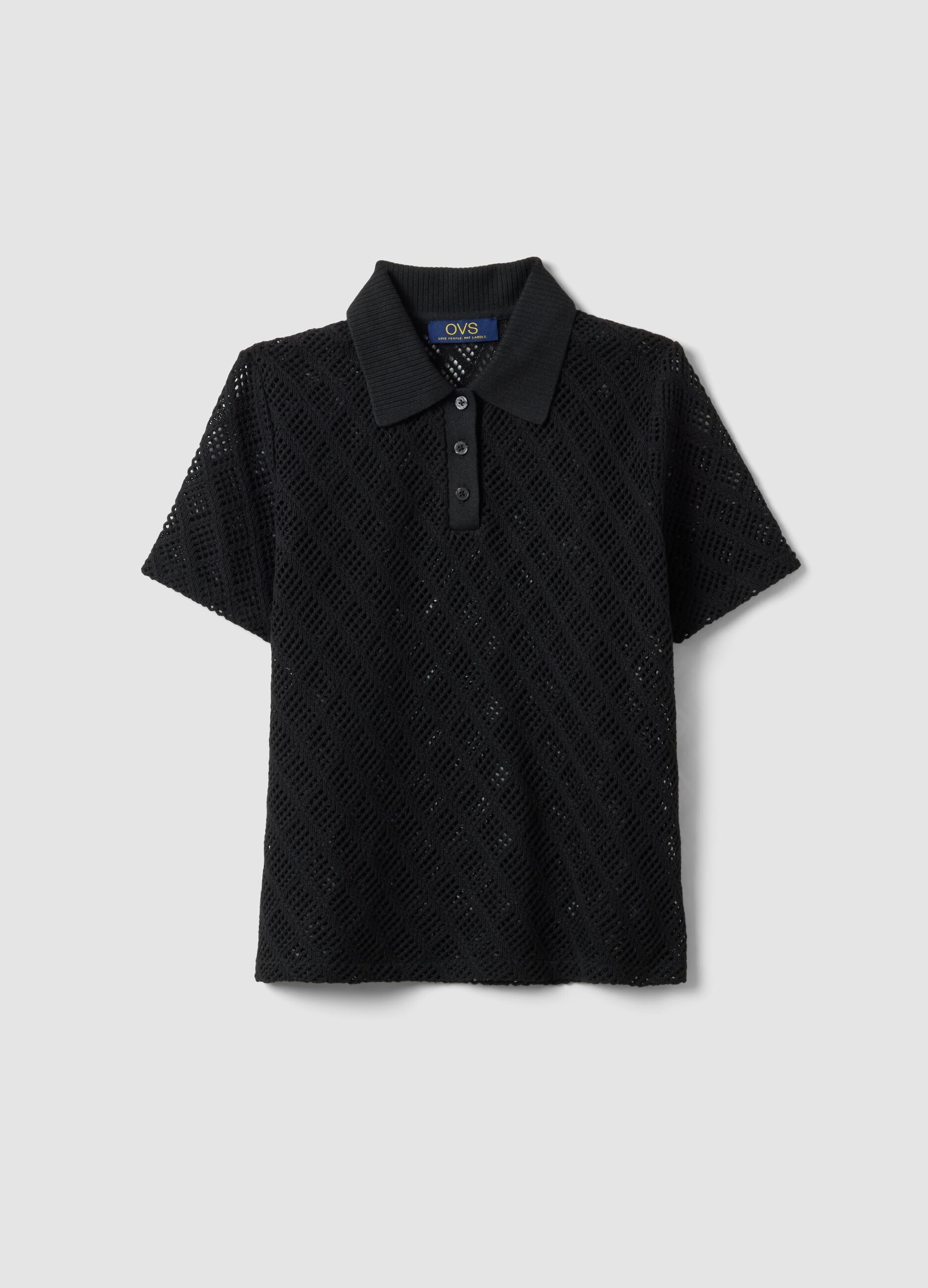 Black regular fit polo with mesh texture
