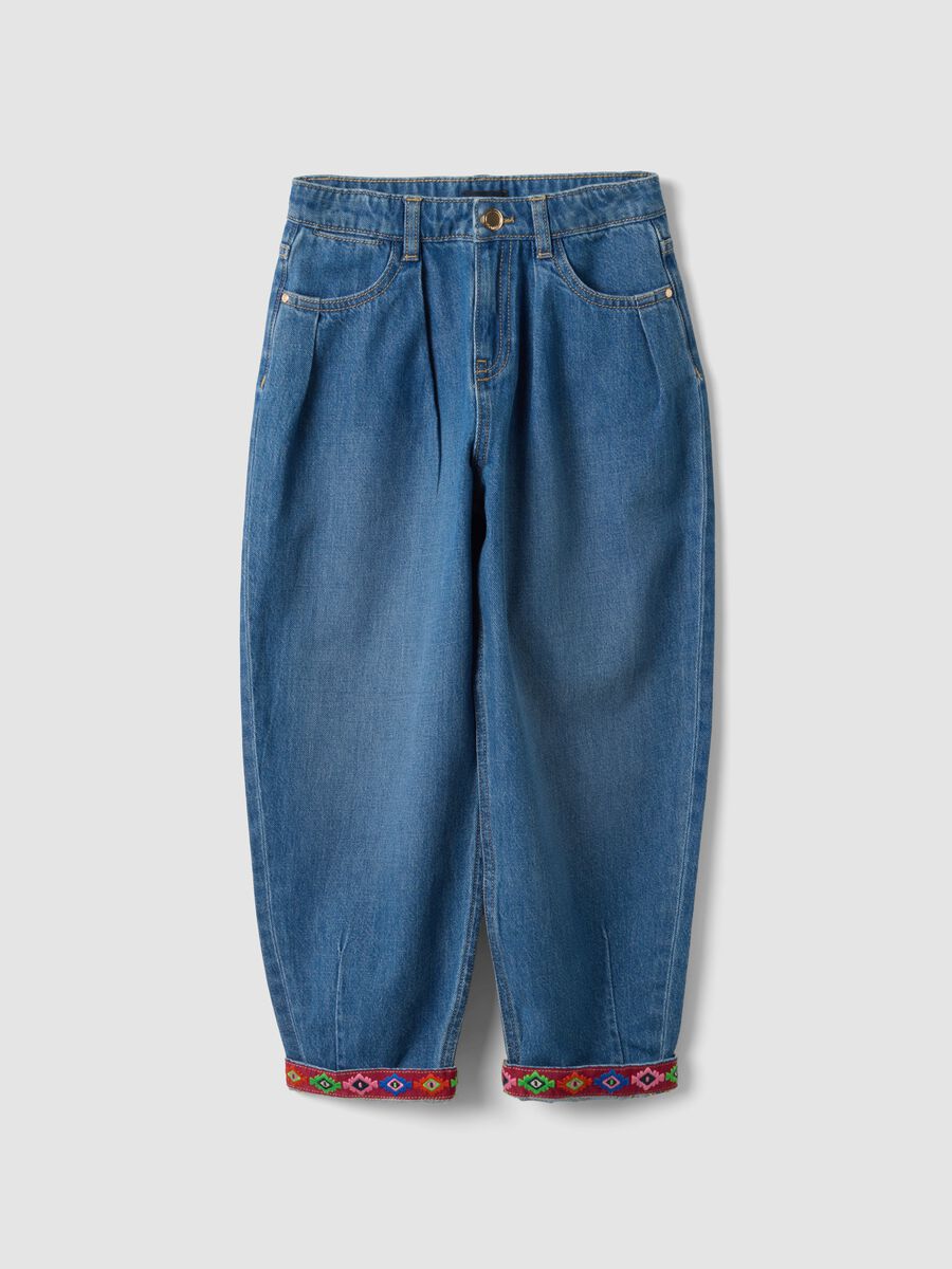 Girls&rsquo; blue baggy pure cotton jeans with embroidered turn-up hem_3
