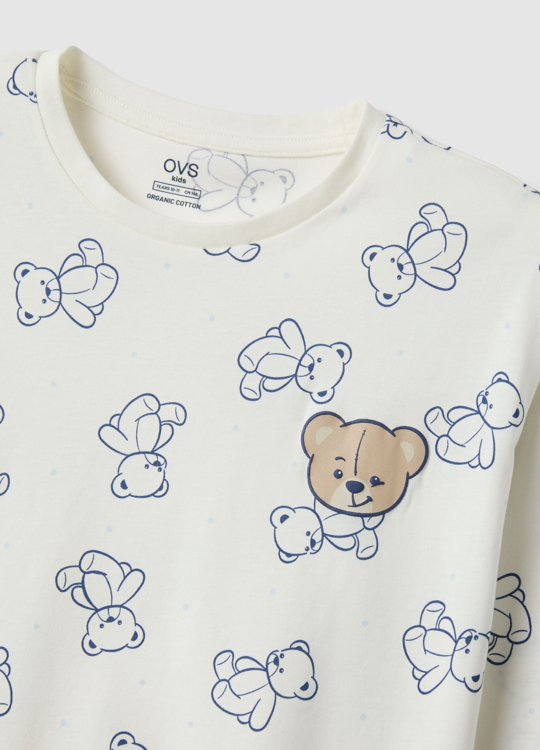 Girls' white regular fit pure cotton pyjamas with teddy bears