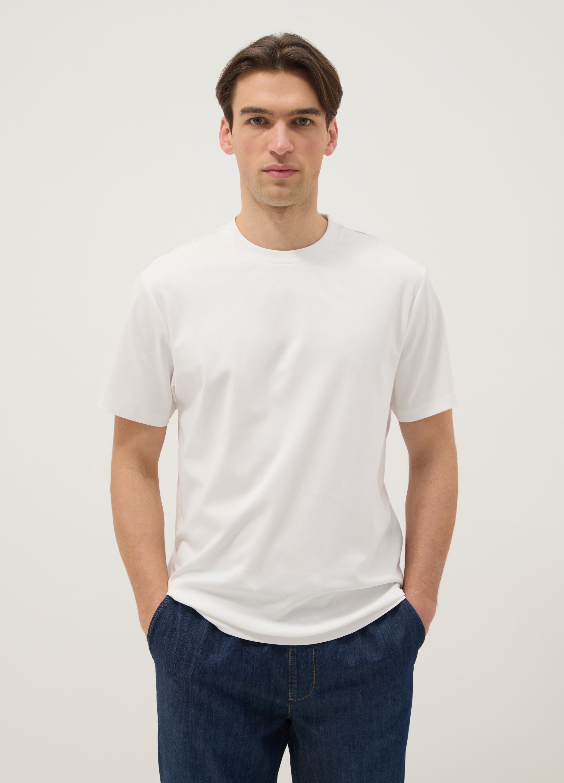 White crew neck pure cotton T-shirt regular fit