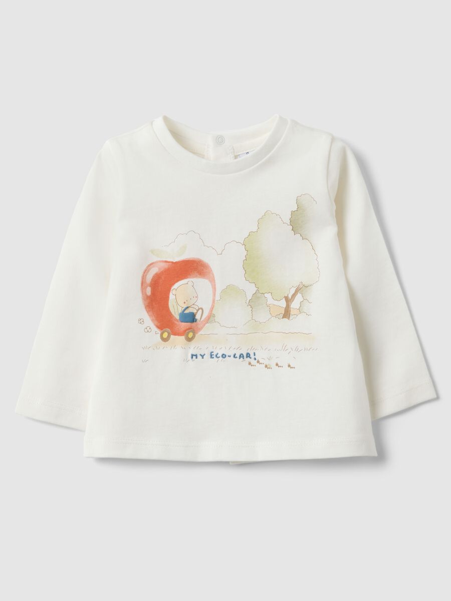 White cotton-blend baby T-shirt with teddy bear print, regular fit_0