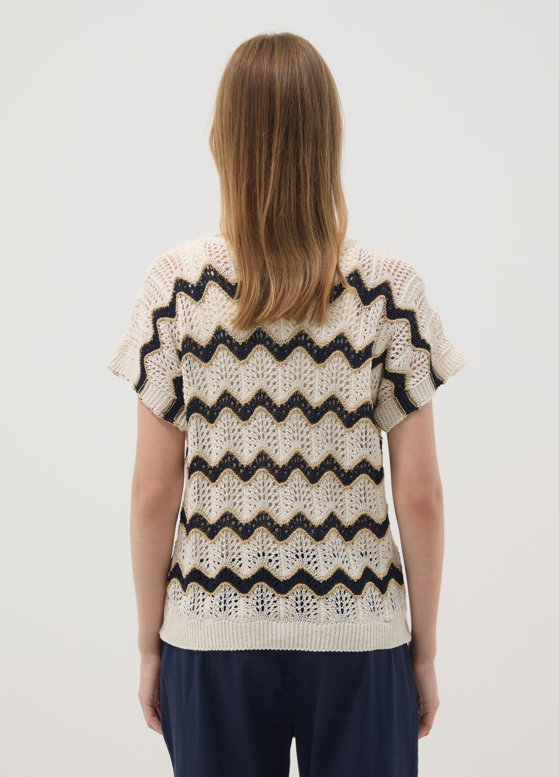 Beige openwork top with blue stripes in stretch cotton, regular fit