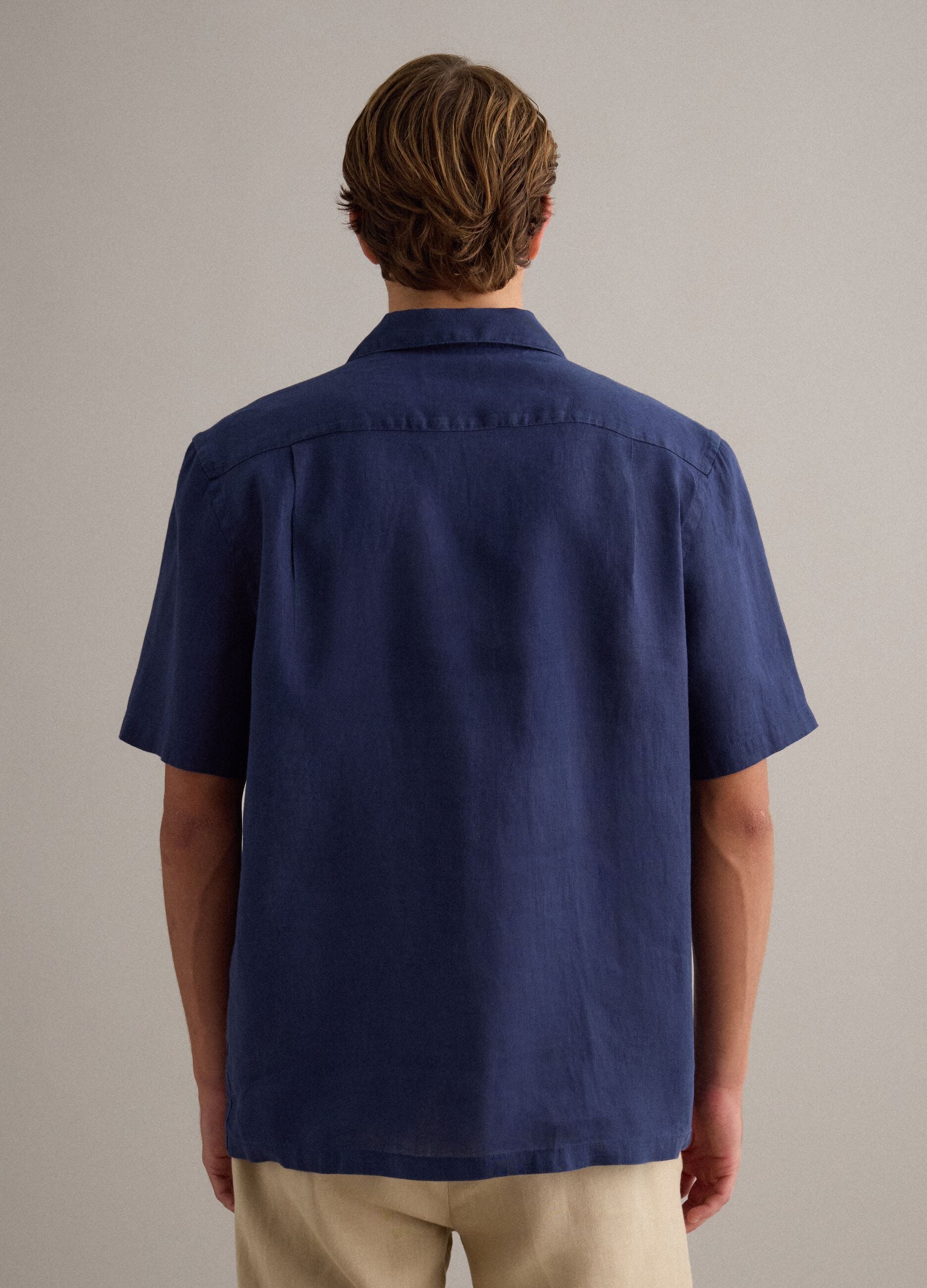Blue pure linen short-sleeved bowling-collar shirt, regular fit