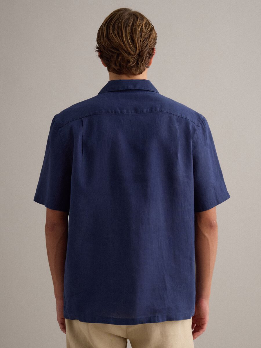 Blue pure linen short-sleeved bowling-collar shirt, regular fit_3
