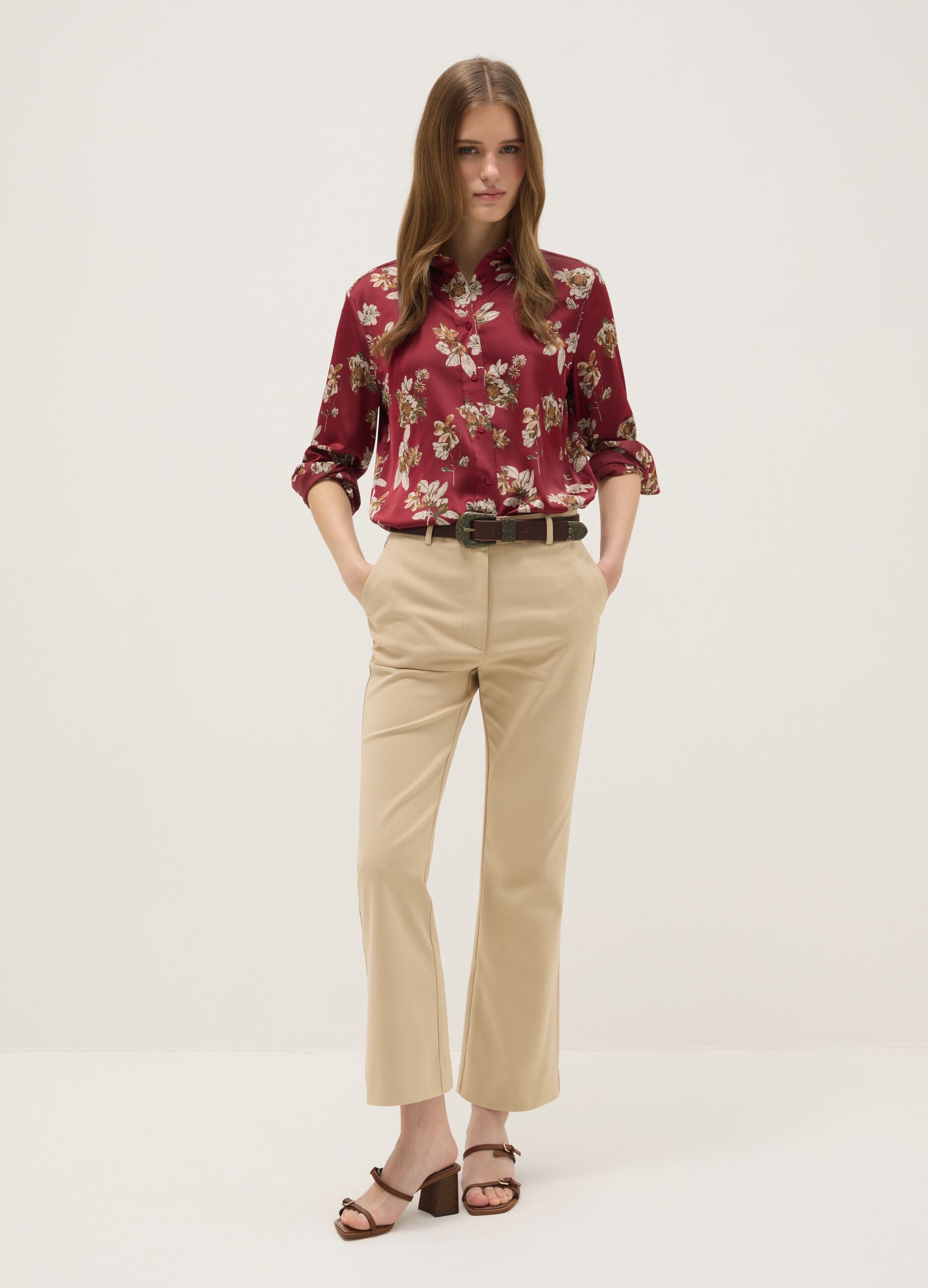 Long-sleeved multicolour regular fit satin shirt with floral design