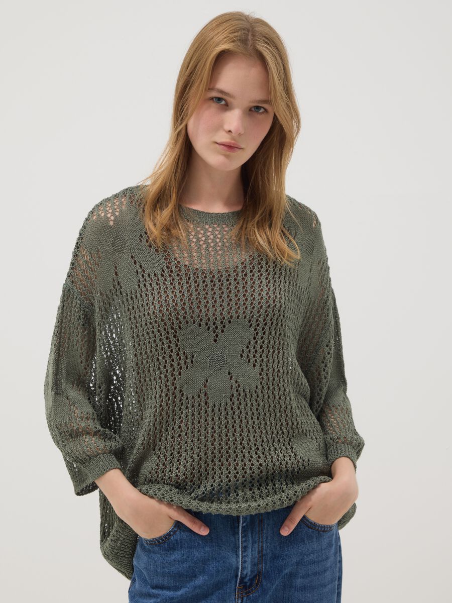 Green open-knit floral regular-fit top_1