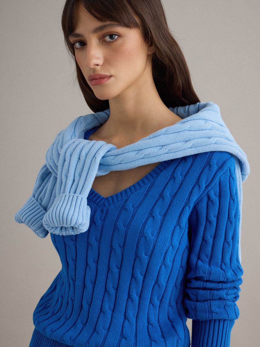 Blue pure cotton regular fit pullover with cable knit_1