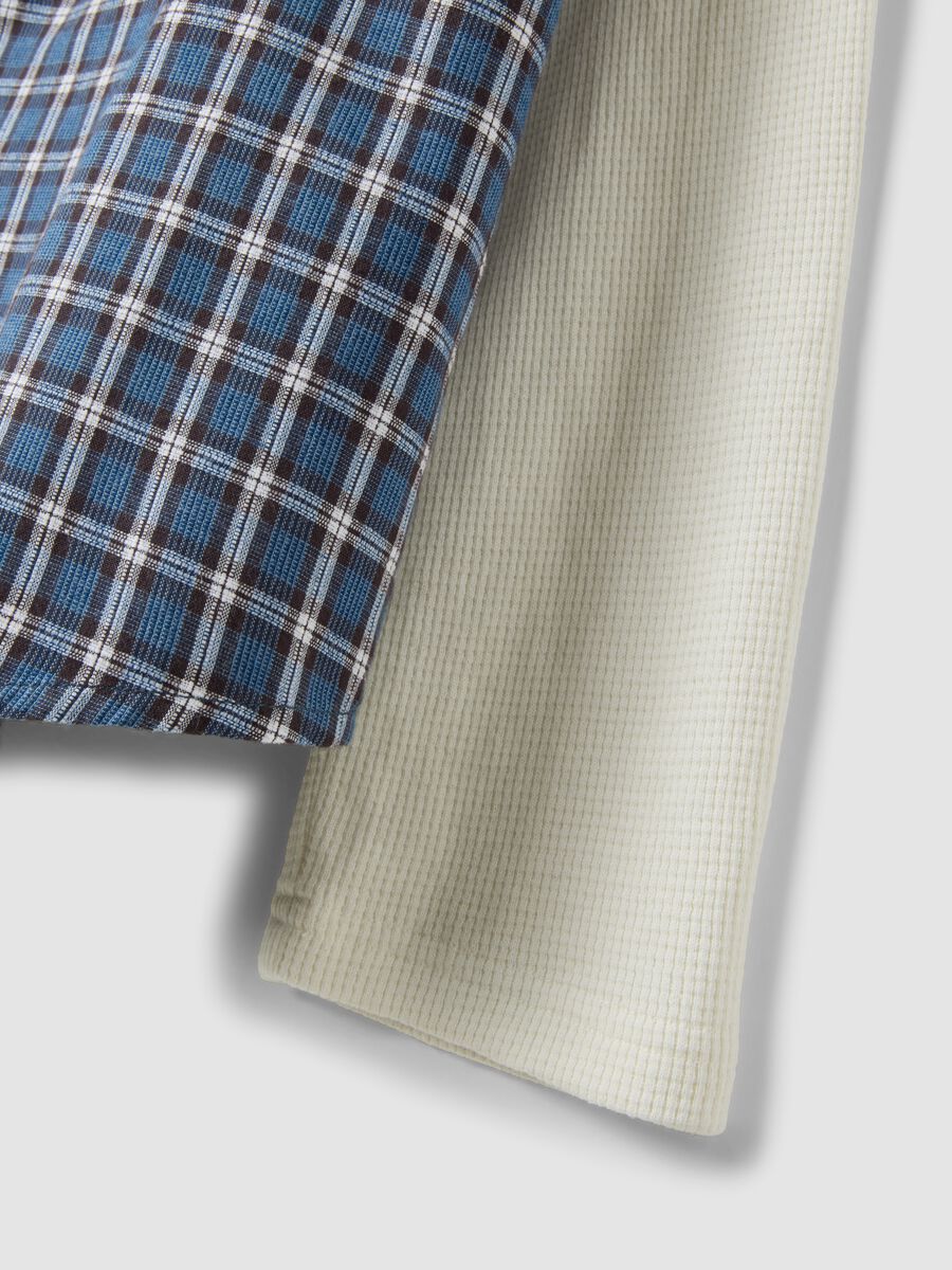 Camicia cropped blu a quadri in puro cotone con maniche doppie over fit_1