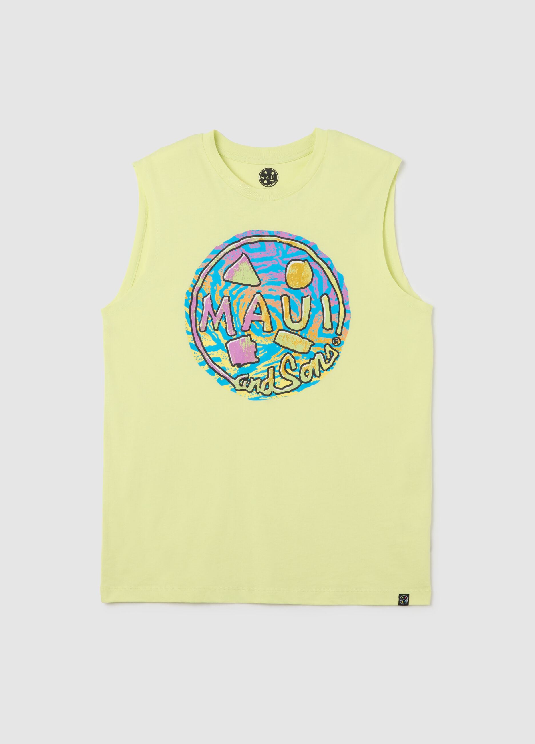 Men&rsquo;s yellow regular-fit vest top in 100% cotton with print