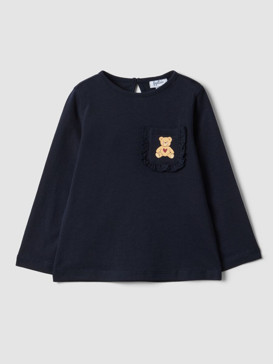 Blue pure organic cotton T-shirt with teddy bear print for baby girl_0