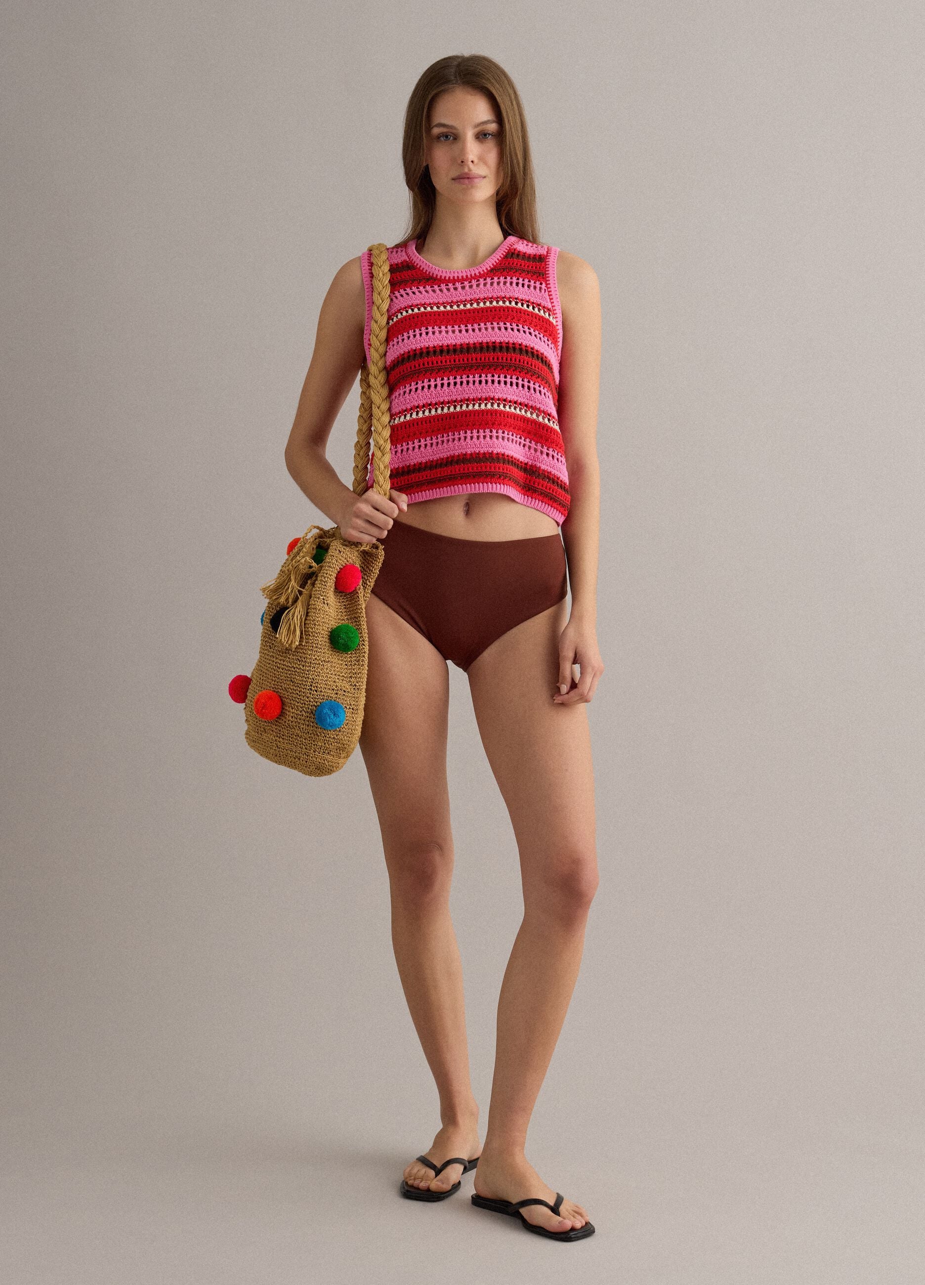 Brown pure jute beach bag with pom‑poms