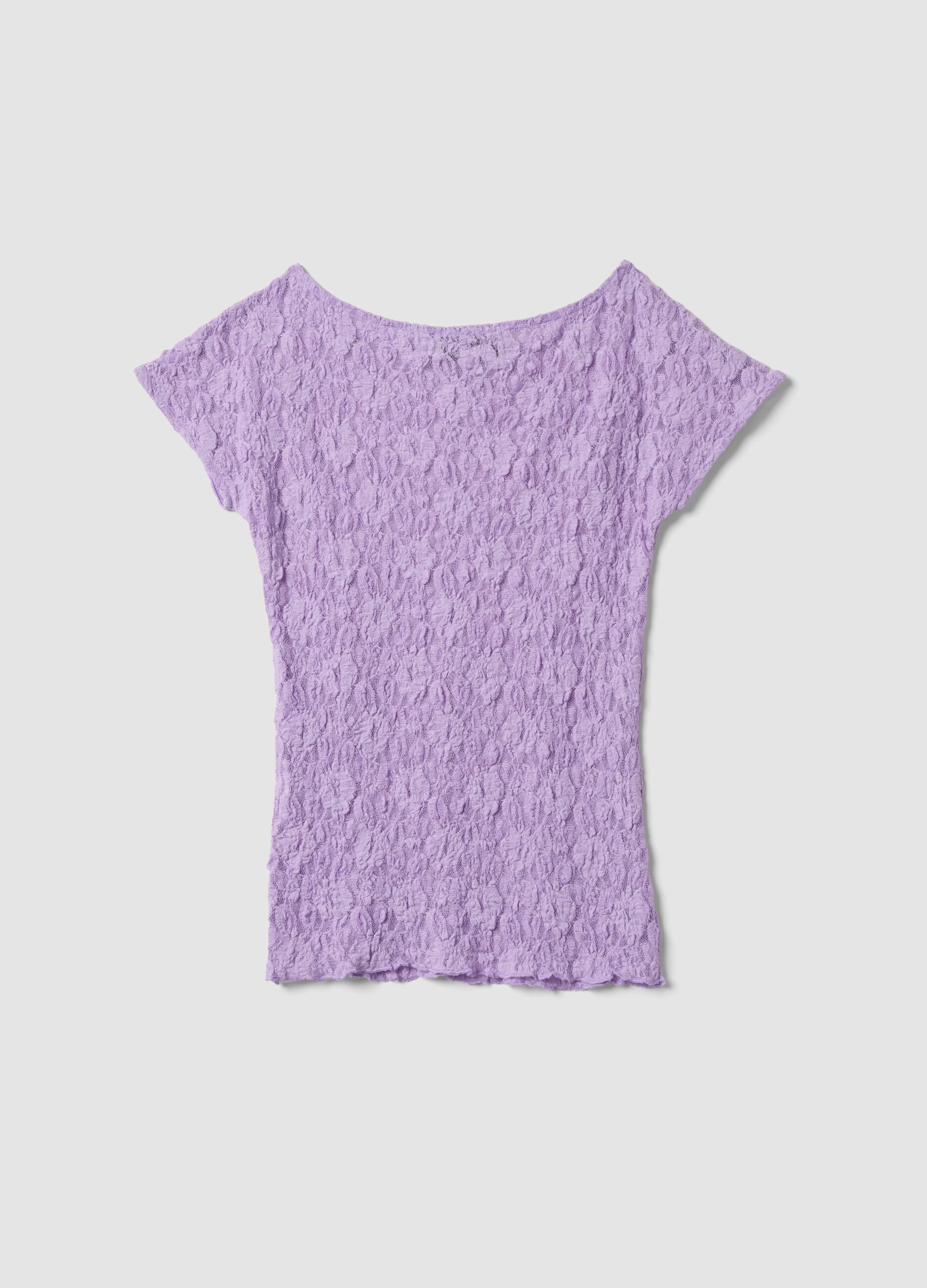 Purple stretch T-shirt with raised floral texture