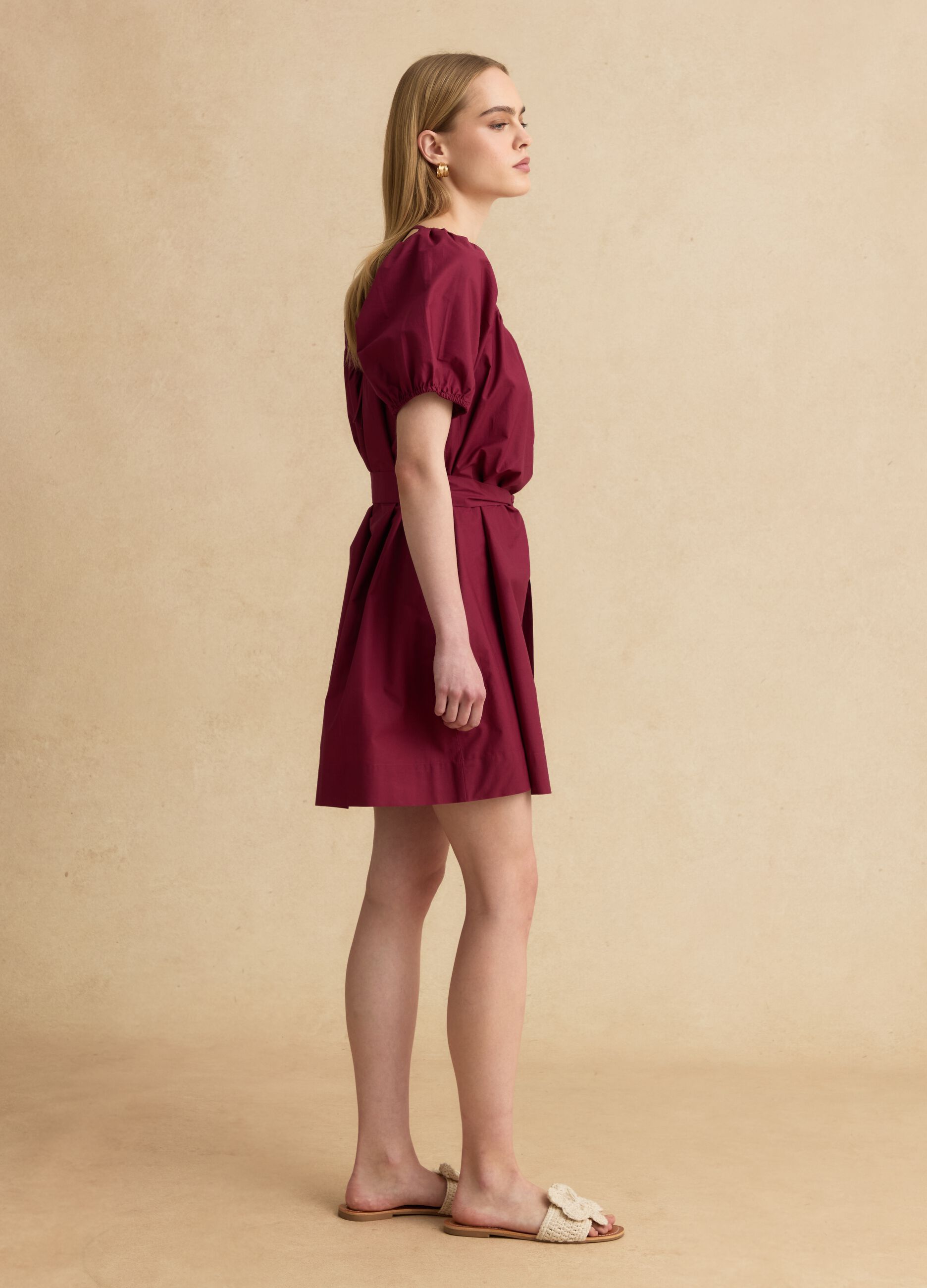 Red pure cotton midi dress with belt