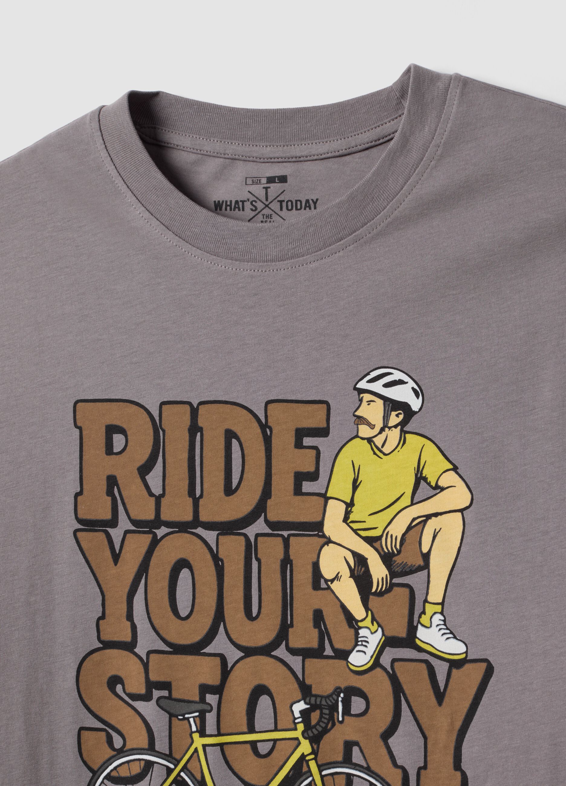Grey pure cotton T-shirt with front print, regular fit
