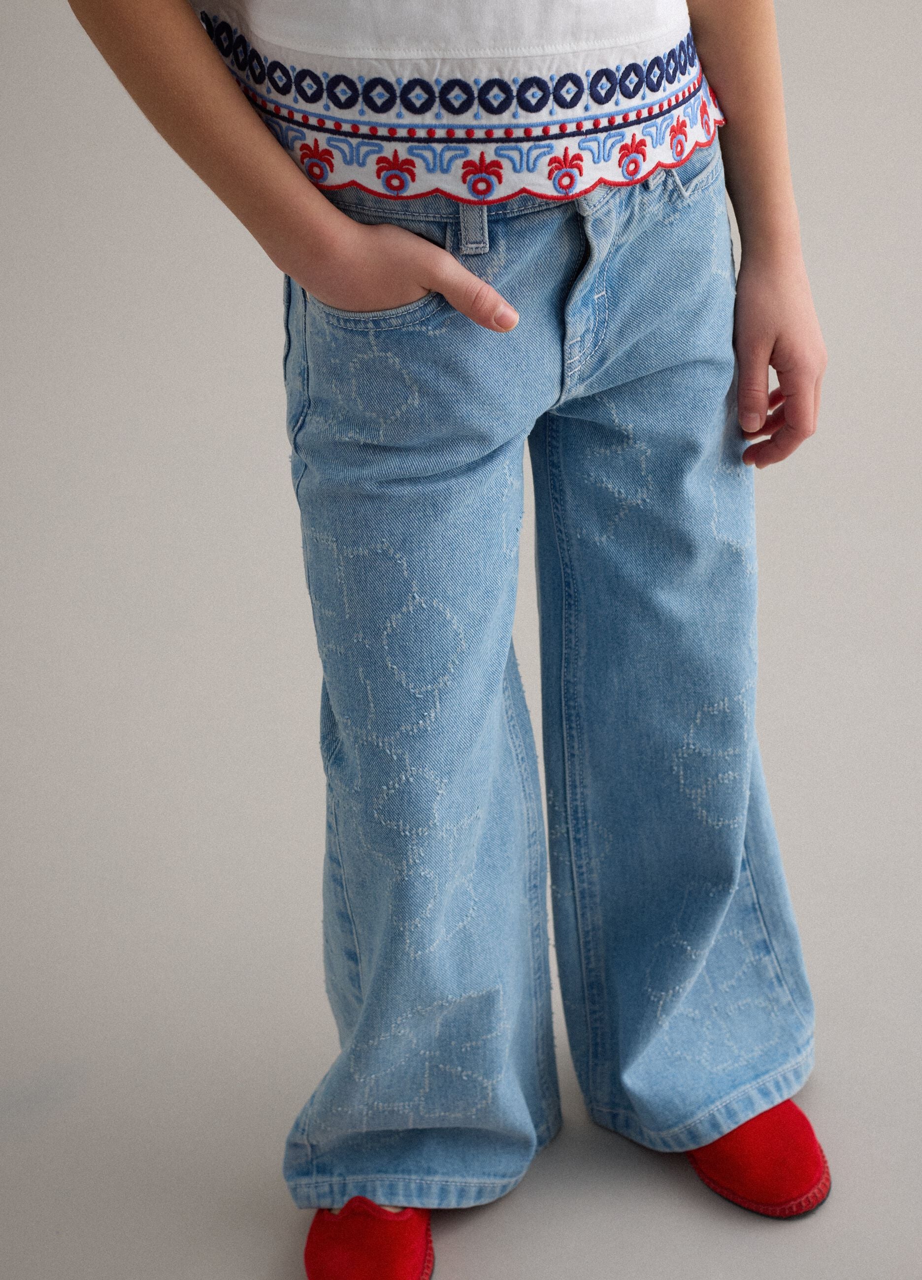 Girls' wide-leg light blue pure cotton jeans with floral print