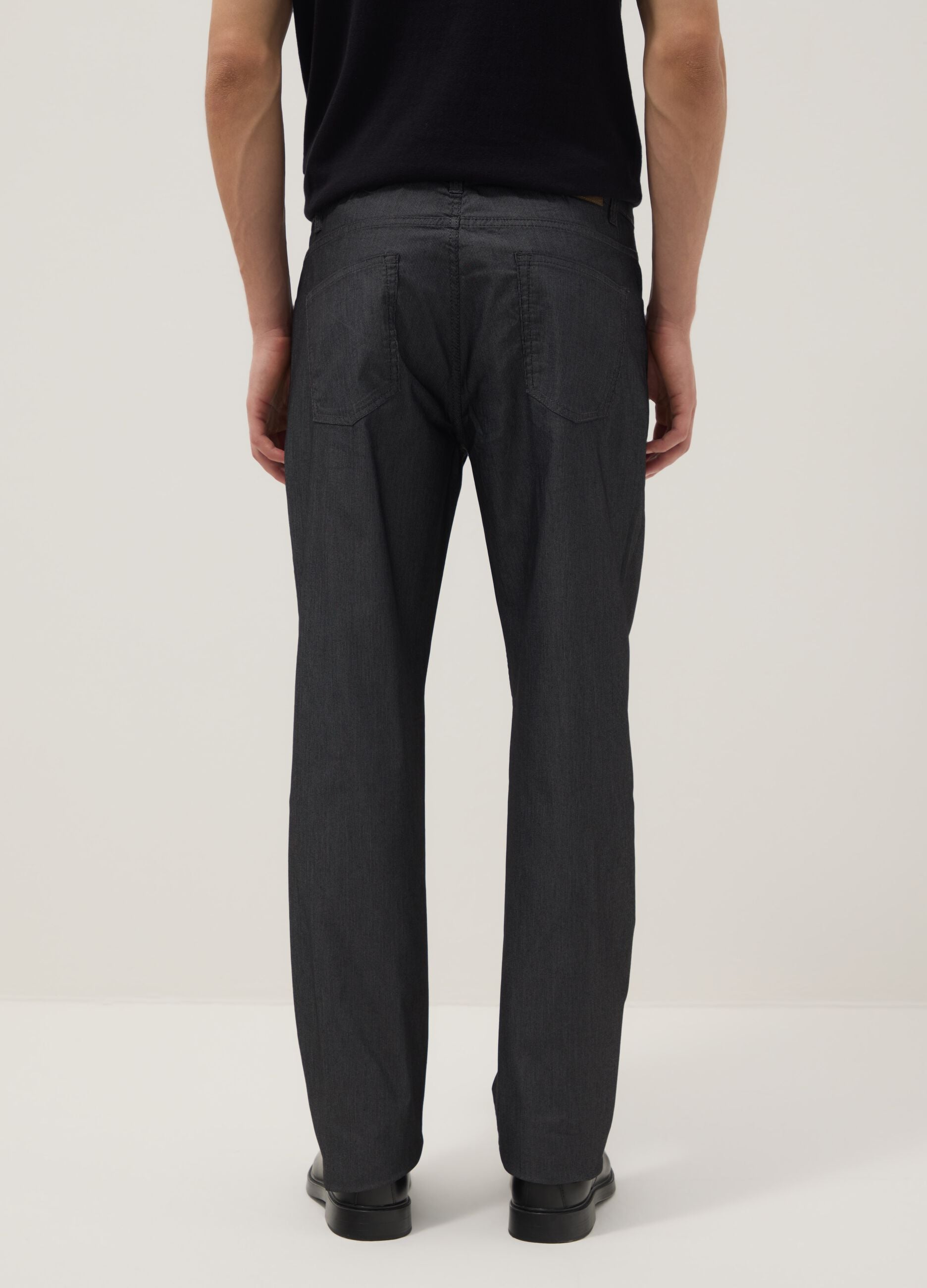 Black stretch cotton regular fit trousers with five pockets