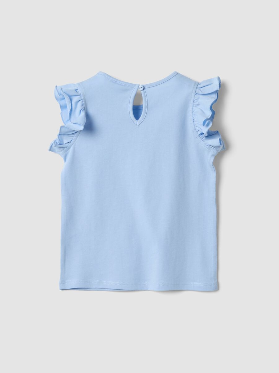 Sky-blue organic cotton tank top for baby girls with print and frills_1