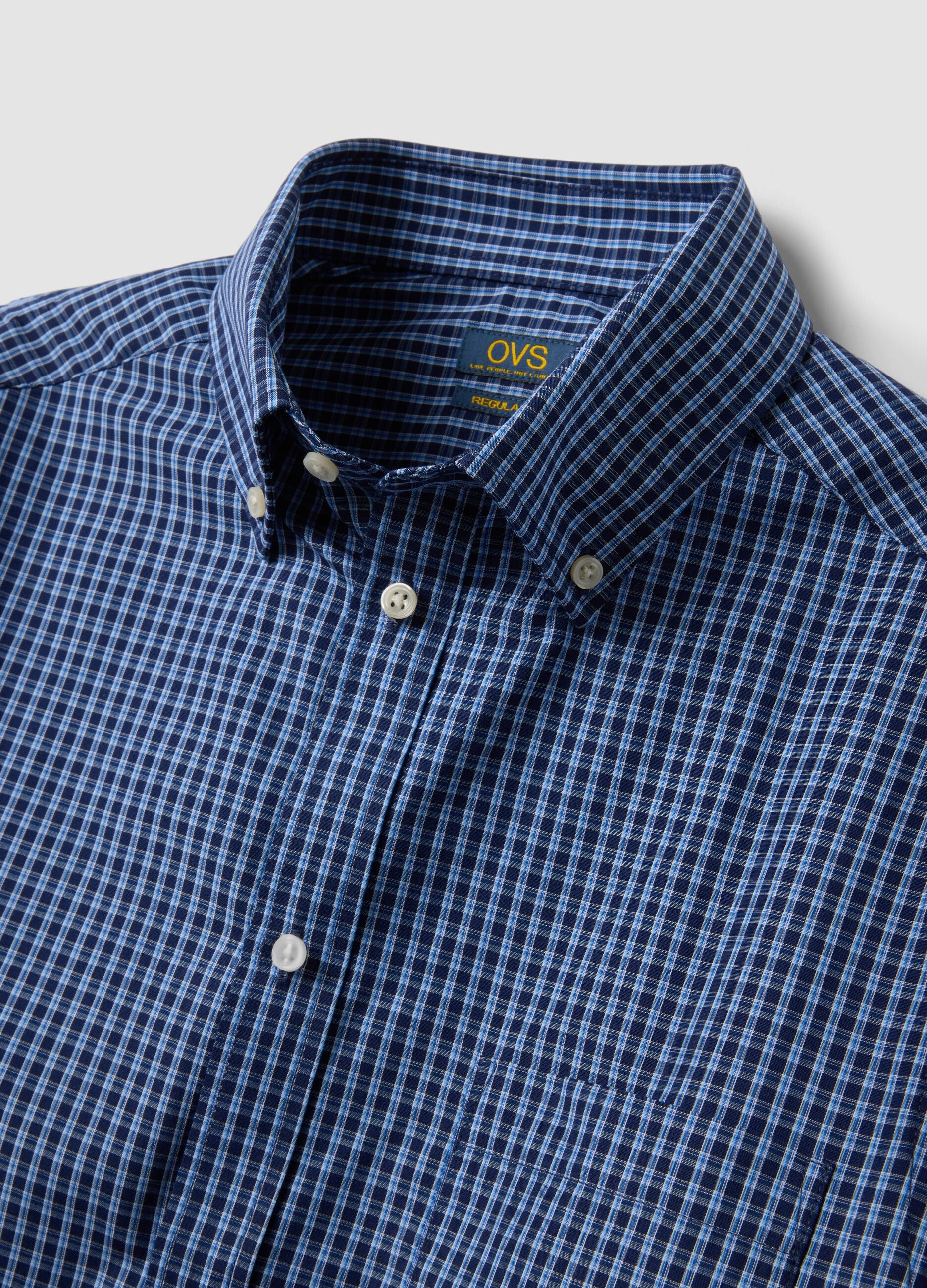 Blue short-sleeved regular-fit checked shirt, easy iron