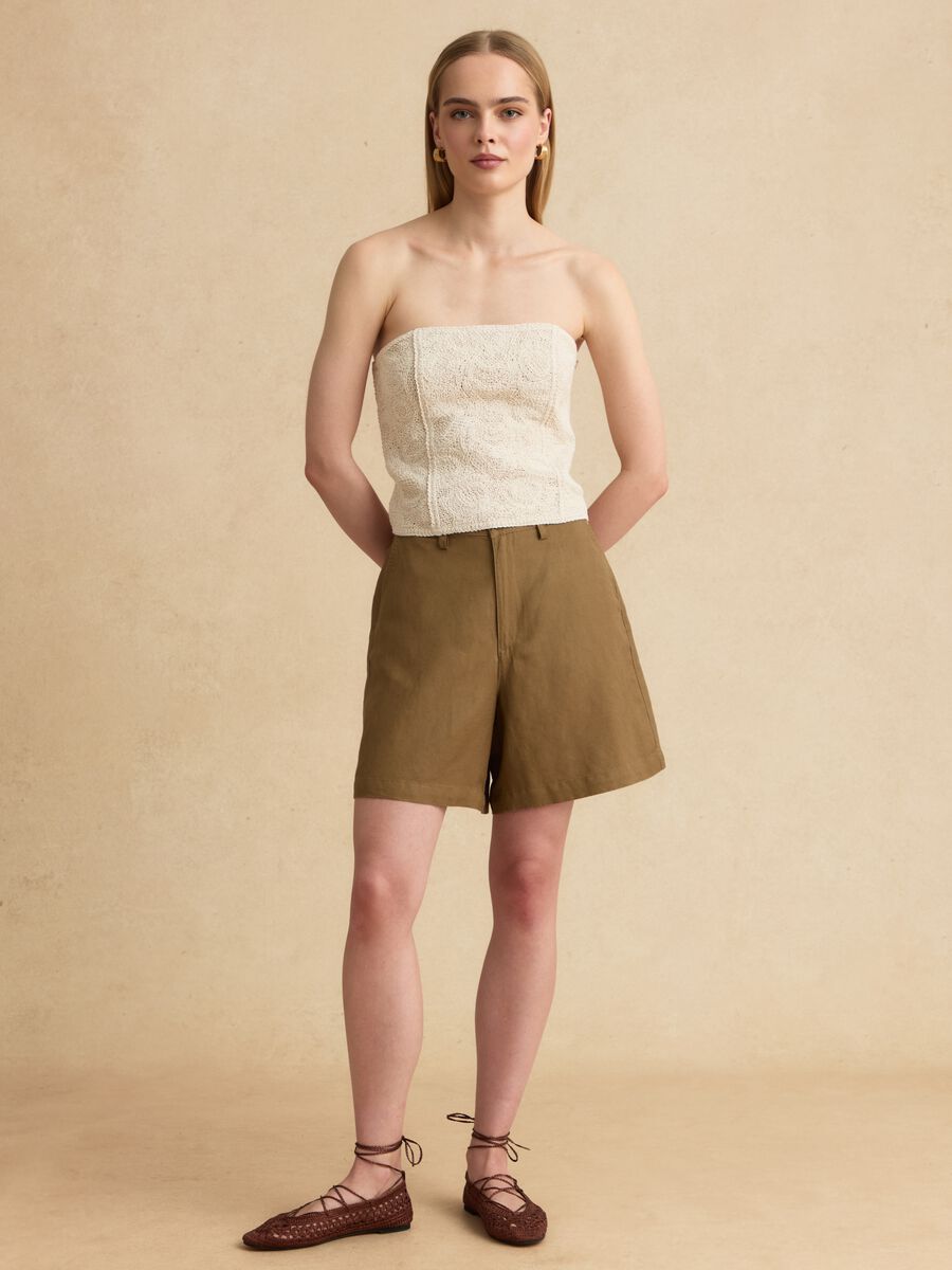Beige strapless cotton-blend top, regular fit with textured knit_2