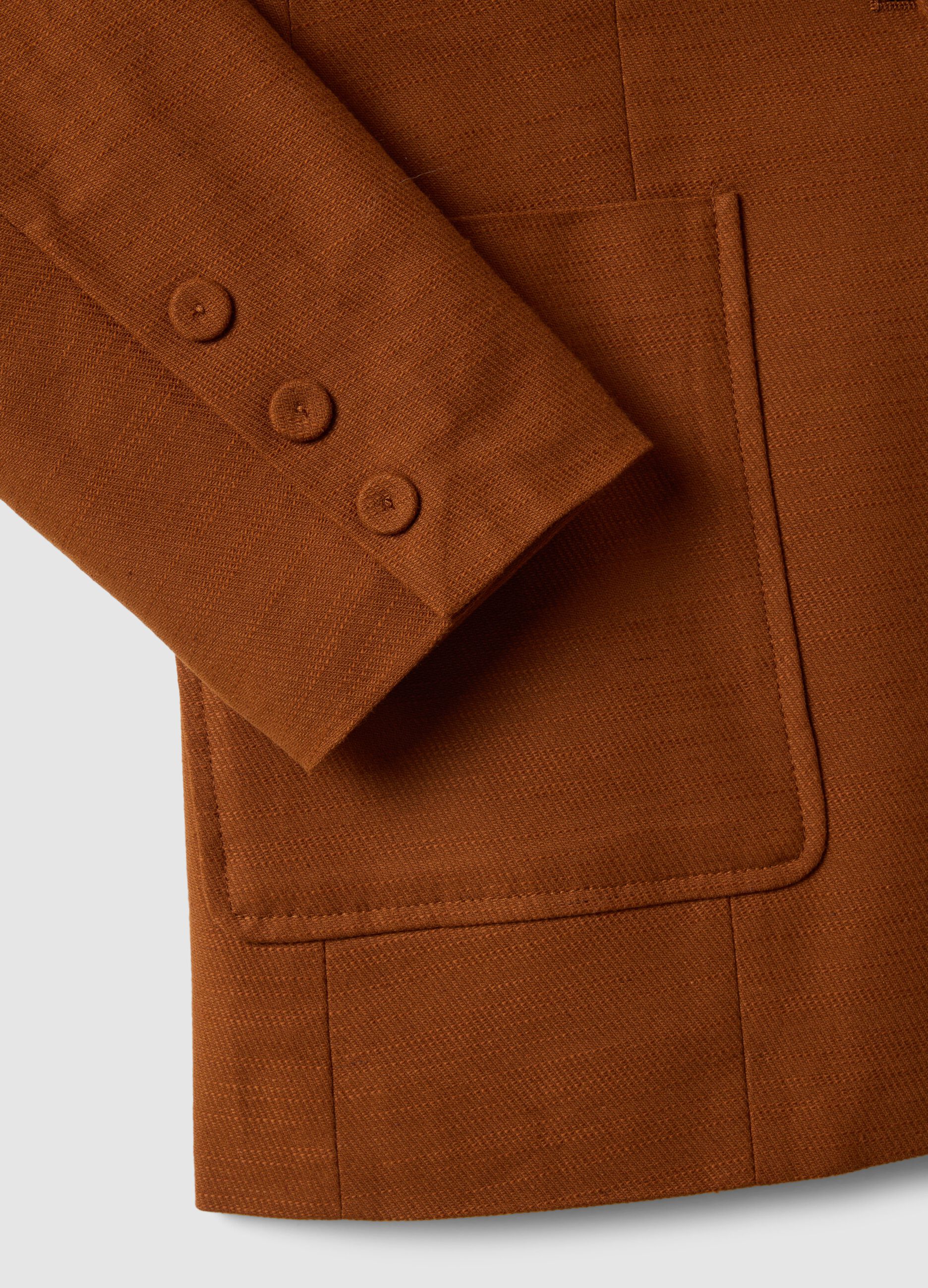 Brown Cotton and Linen Regular Fit Blazer