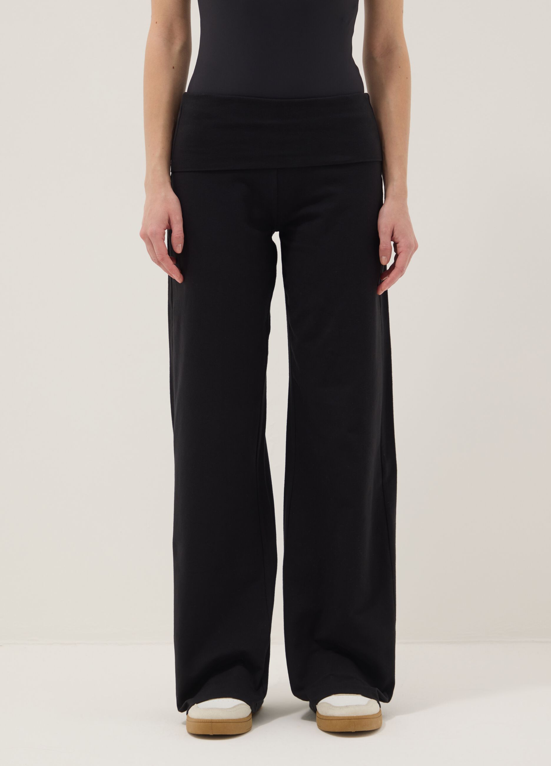 Wide-leg black stretch cotton jogger trousers
