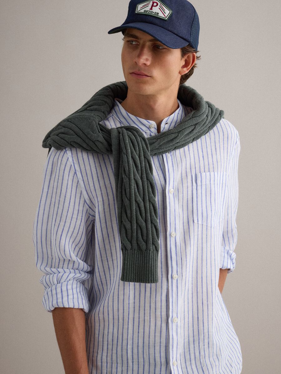 Light blue pure linen striped shirt with mandarin collar, regular fit_1