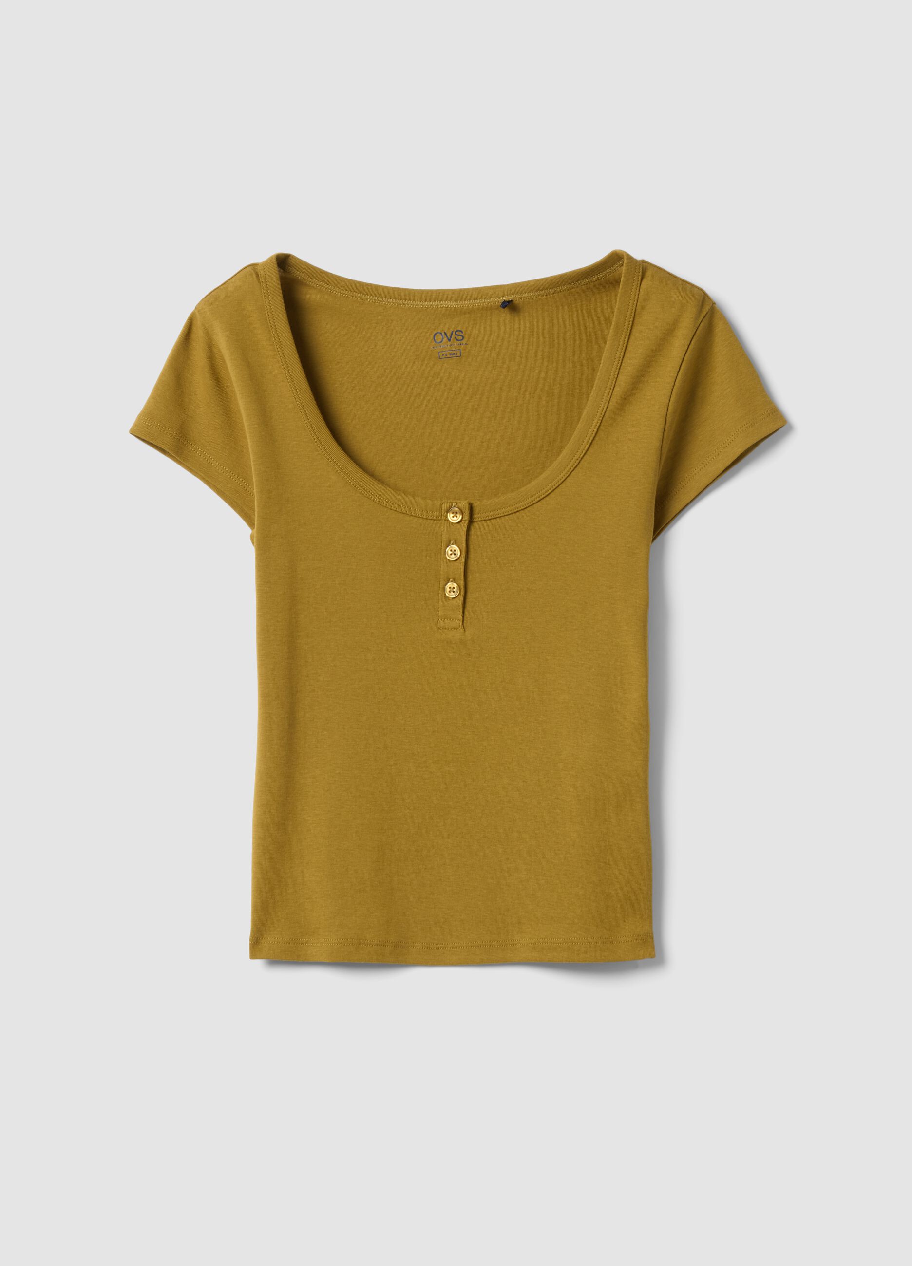 Yellow pure cotton regular fit T-shirt with deep henley neckline