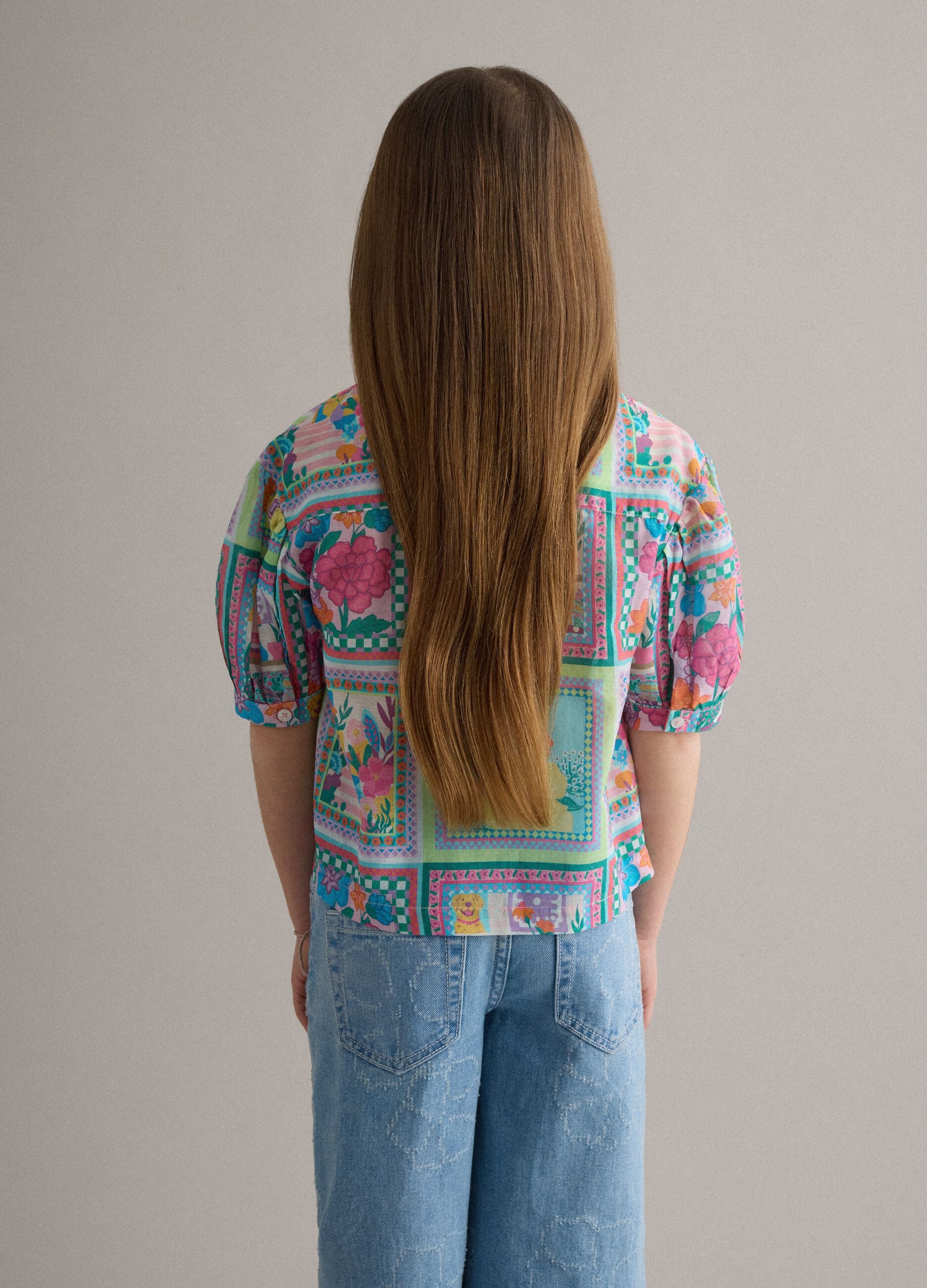 Girl's multicolour pure cotton shirt with floral pattern