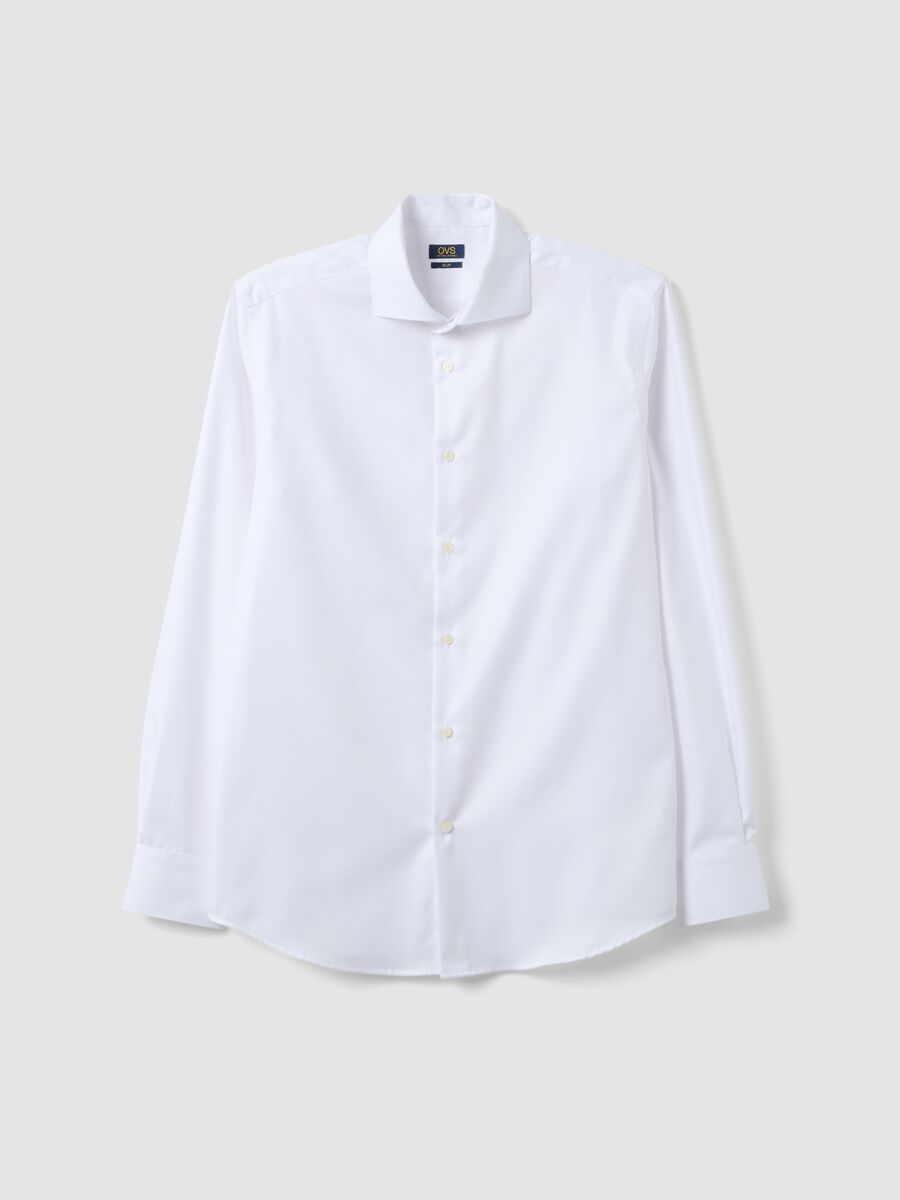 White slim-fit pure cotton twill shirt with French collar, non-iron_0