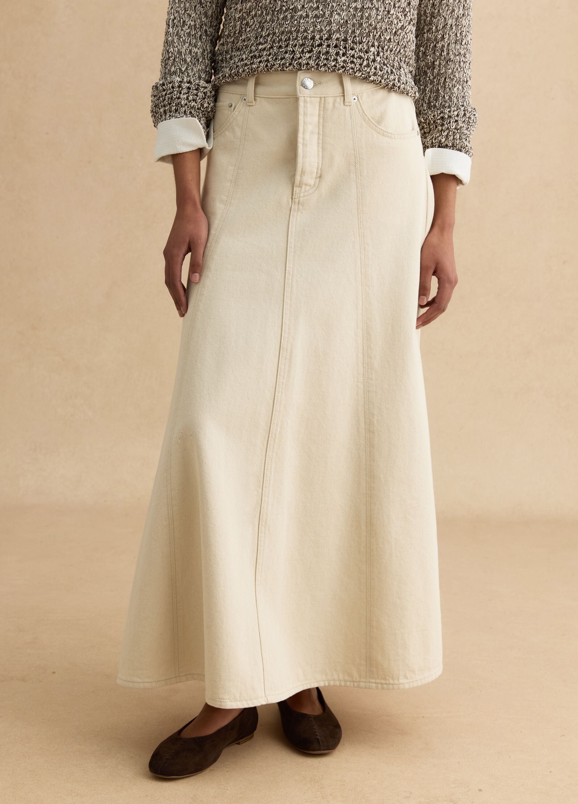 Long beige regular fit pure cotton denim skirt